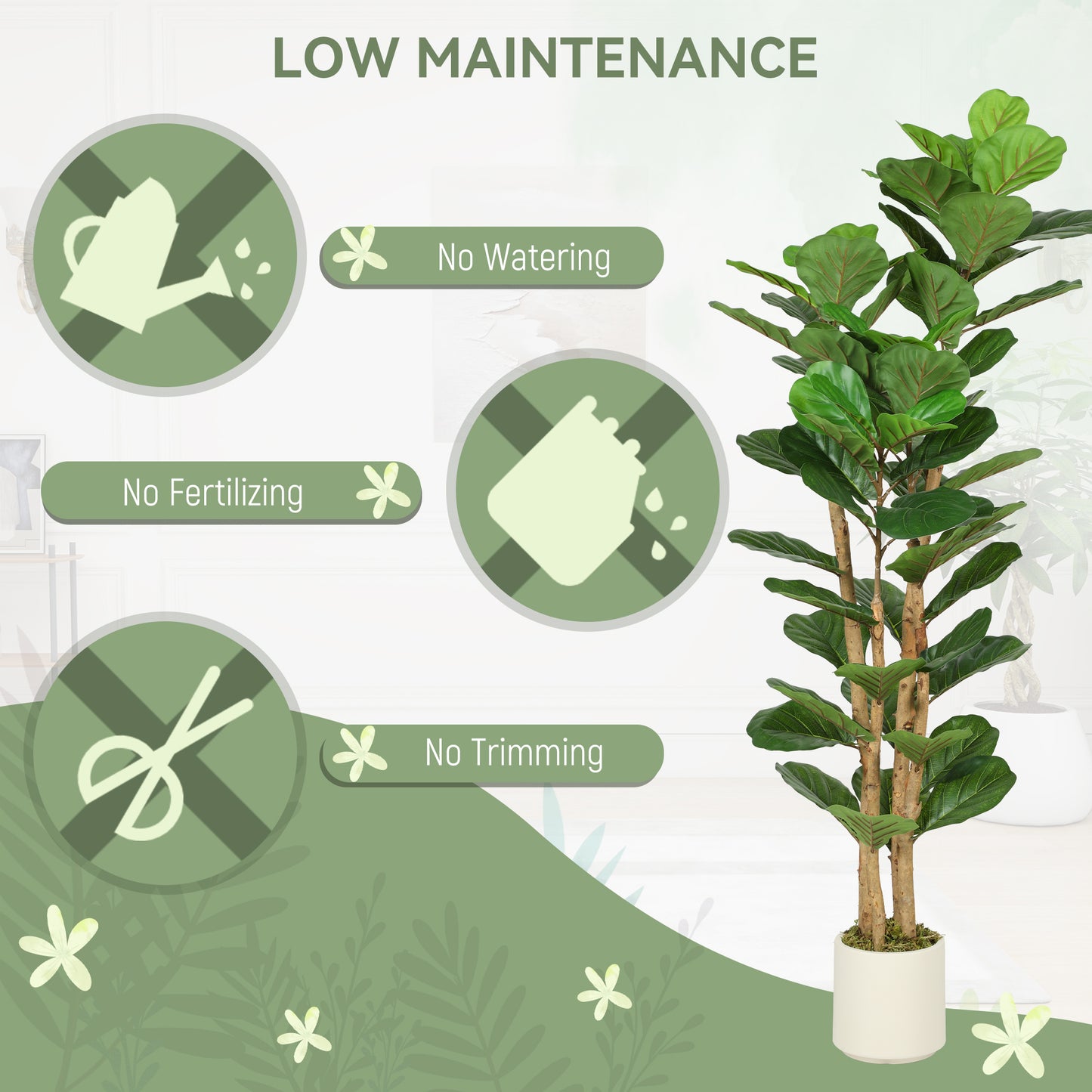 Homcom 150cm Artificial Fiddle Leaf Fig Tree Lifelike Green Leaves With Natural Wood Stem Maintenance Free Indoor Plant