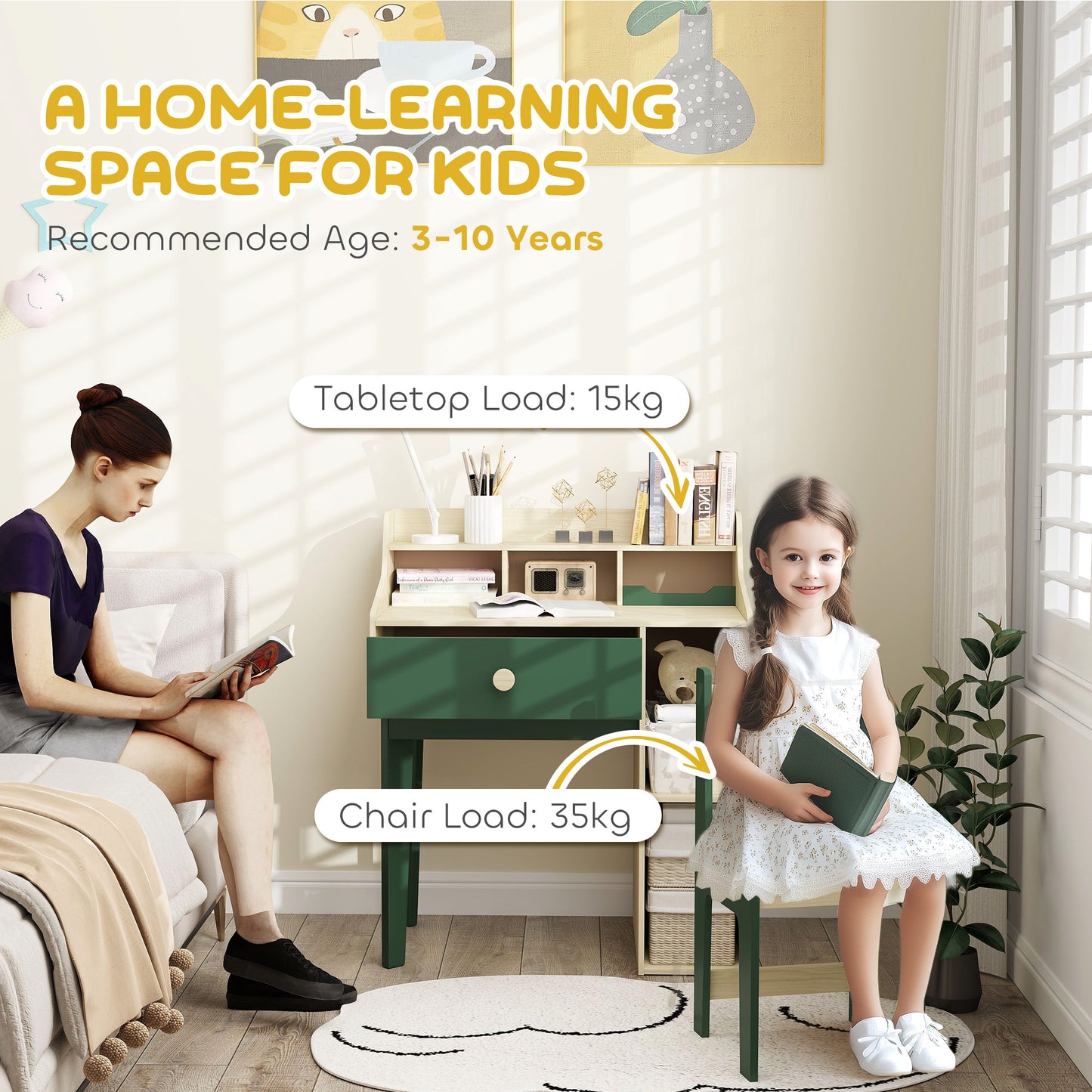 AIYAPLAY Kids Desk and Chair Set with Storage Shelves and Drawer in Green for Homework and Creative Play
