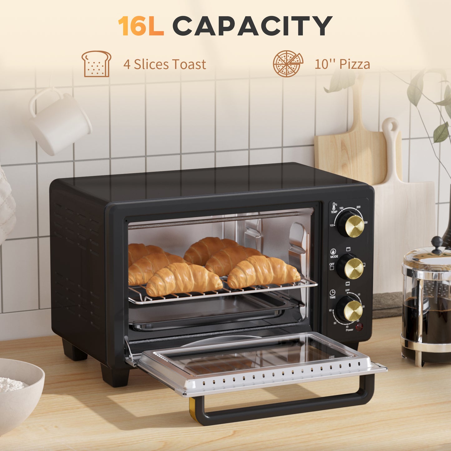 HOMCOM 16L Mini 1400W Countertop Oven Black With Removable Rack And Tray For Flexible Three Level Cooking
