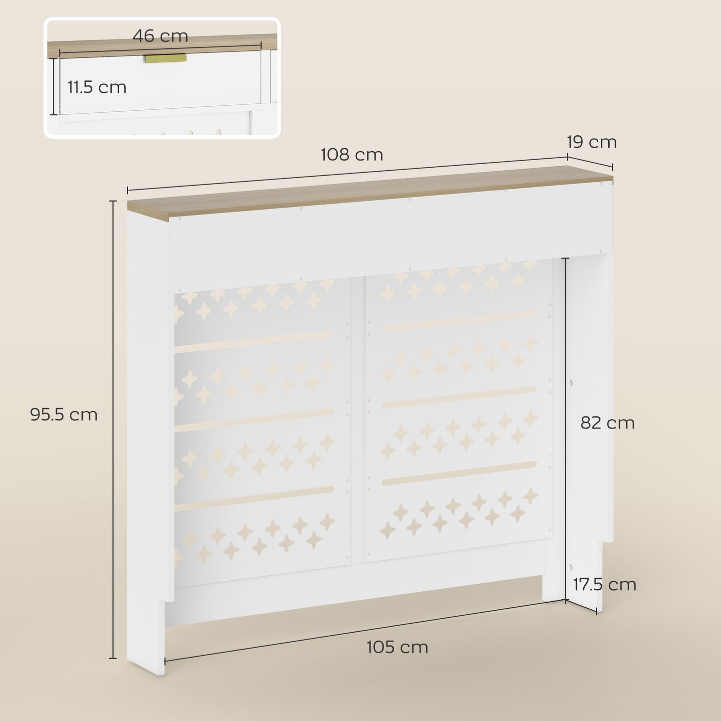 HOMCOM 108 X 19 cm Minimal Radiator Cover With 2 Drawers White Wood Effect Particle Board MDF Blend Safe Design