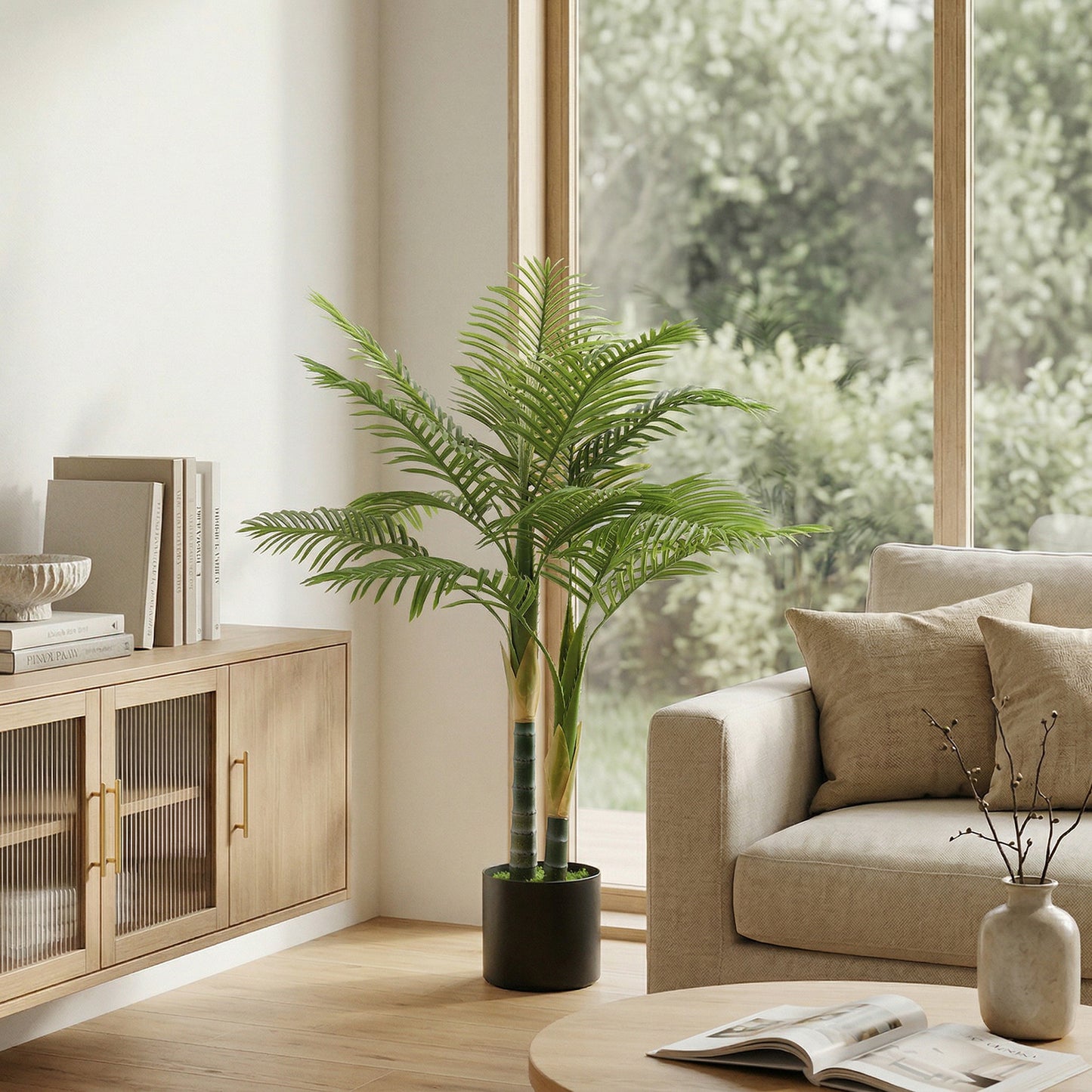 HOMCOM 120cm Artificial Palm Tree With 14 PEVA Leaves In Pot Decorative Plant With Moss Effect Green