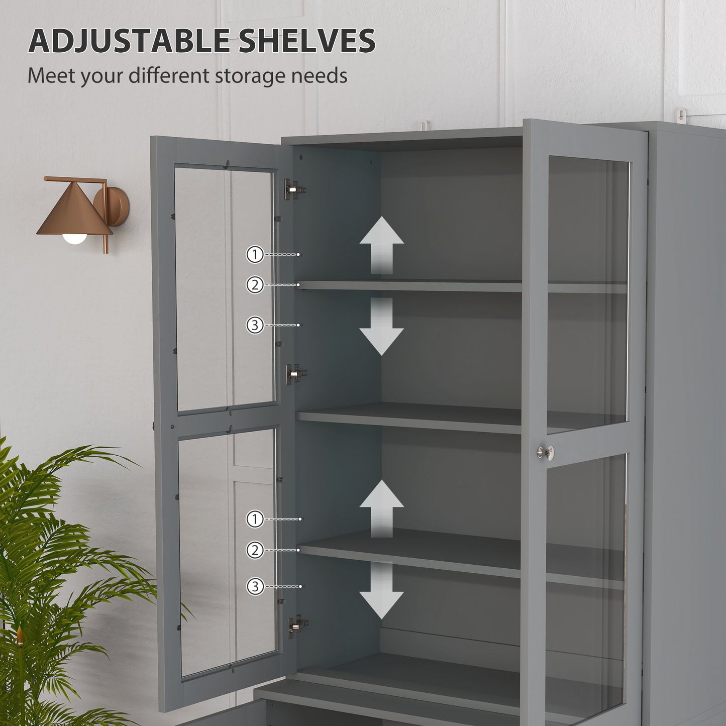 HOMCOM Double Storage Display Cabinet with Tempered Glass Doors Grey for Elegant Living Room Display and Extra Storage
