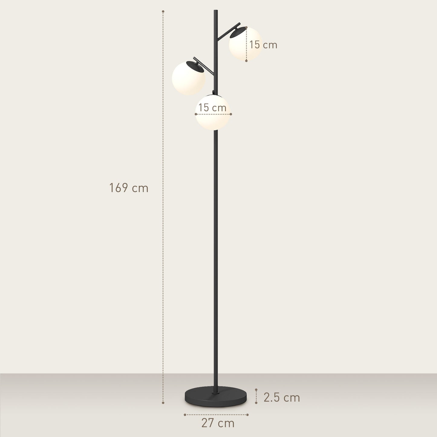 HOMCOM 3 Light Tree Floor Lamp Living Room Modern Standing Lamp Globe Lampshades Black Steel Base Bulb Not Included