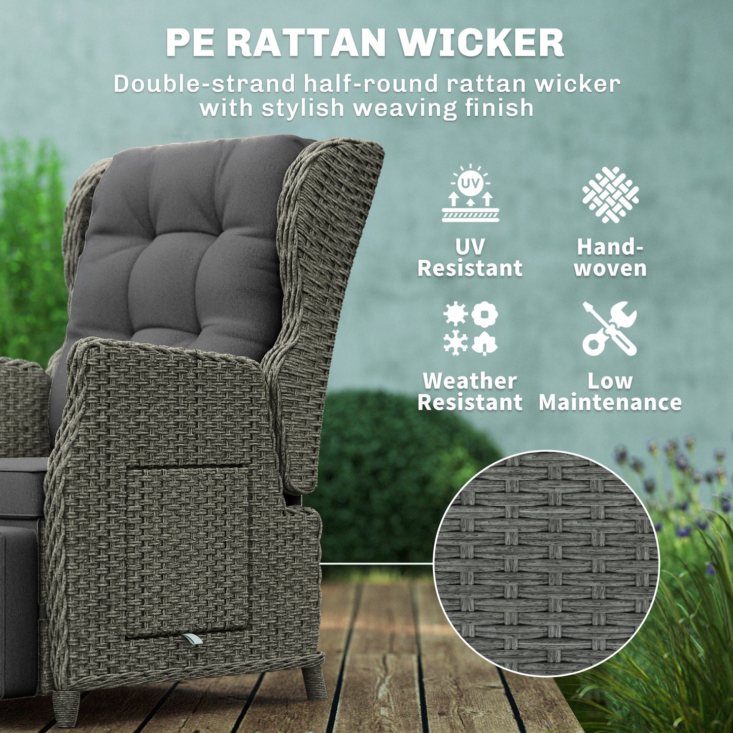 Outsunny Rattan Garden Recliner Chair With Adjustable Back And Footrest Flip Table Cushion Dark Grey