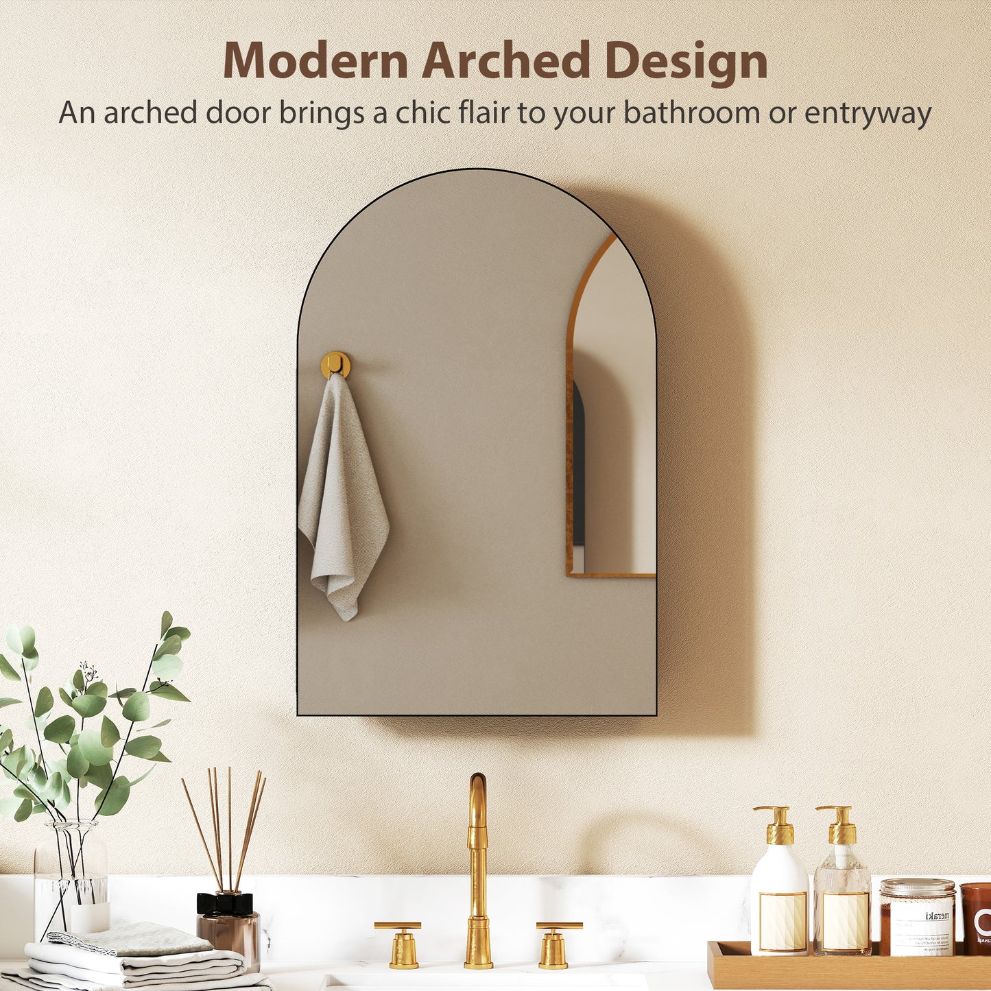 HOMCOM Arched Wall Mounted Bathroom Mirror Cabinet With Storage Shelves Black Finish Fully Assembled