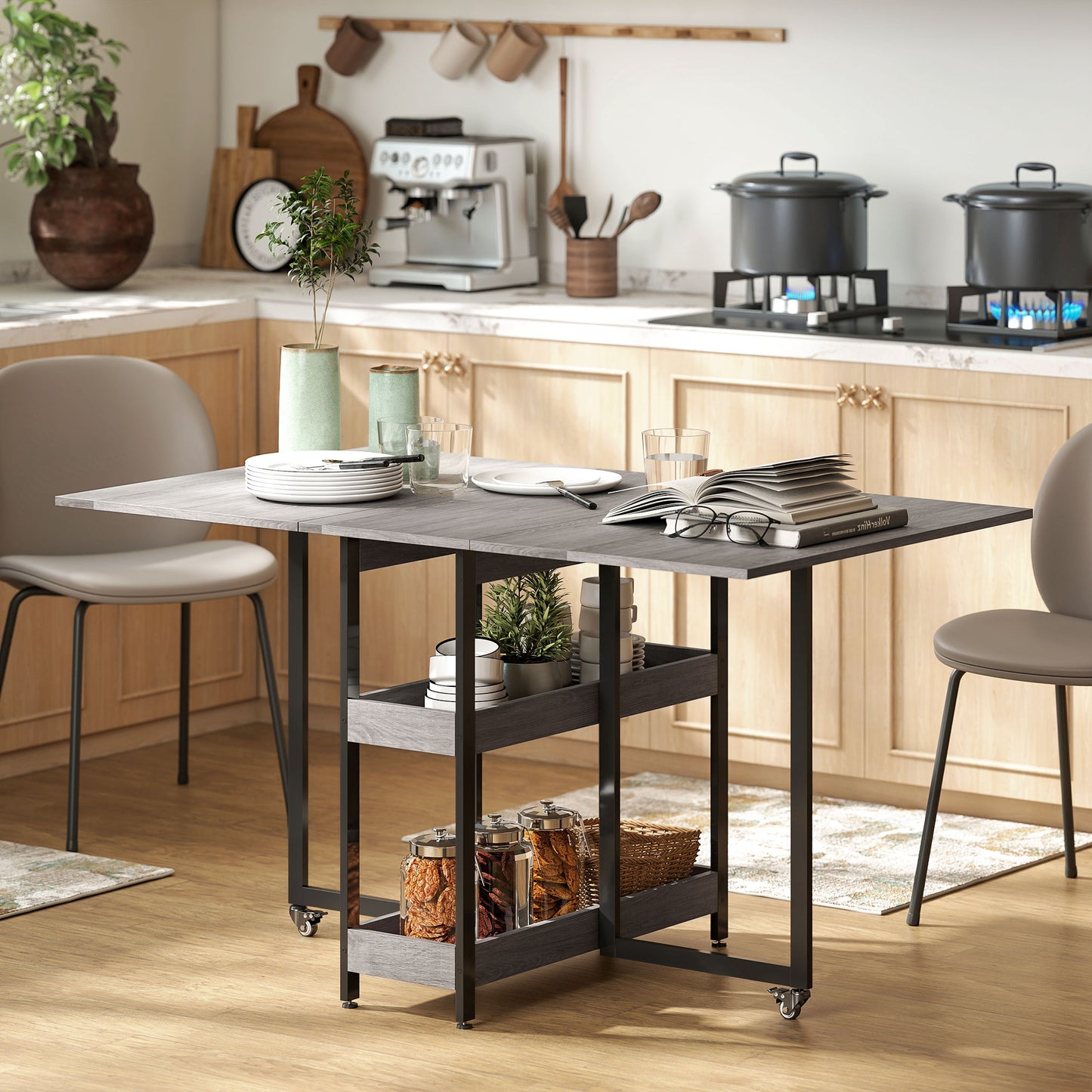 HOMCOM Four Person Drop Leaf Dining Table Grey Wood Effect For Small Spaces Versatile Use