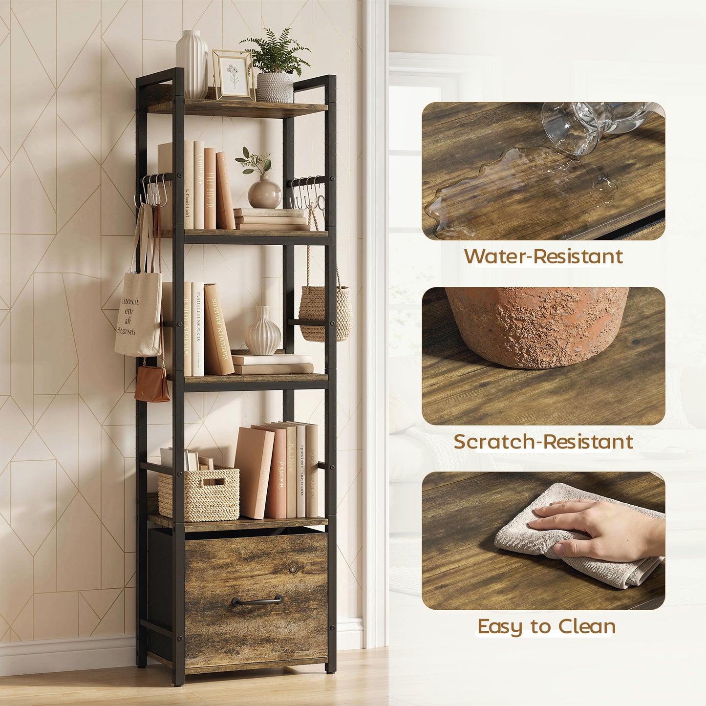 HOMCOM 4 Tier Narrow Bookshelf with Drawer and 8 Hooks, Metal Frame, Rustic Brown Finish