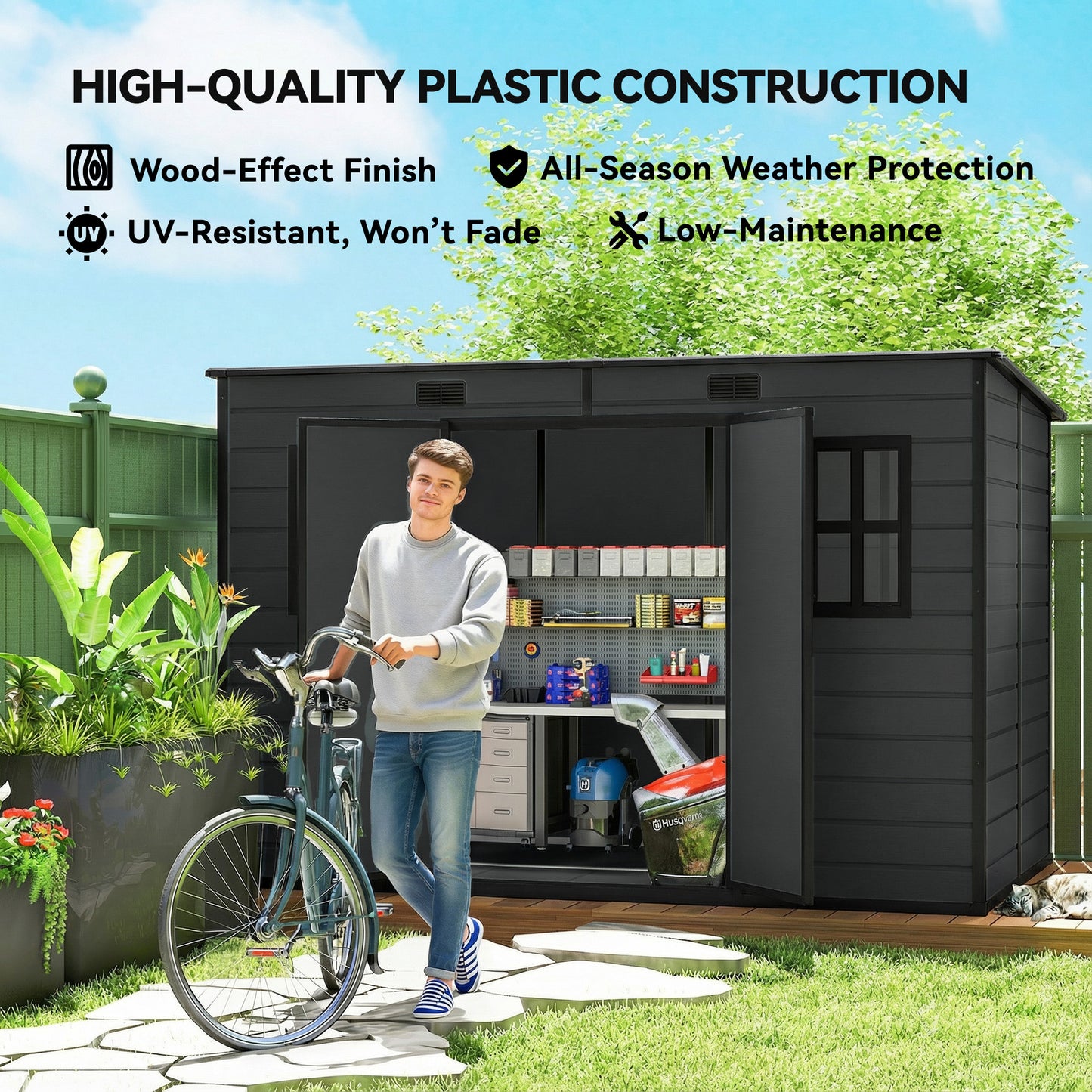Outsunny 10x6 Ft Resin Garden Shed Outdoor Storage Shed With Floor Windows Lockable Doors And Vents Dark Grey