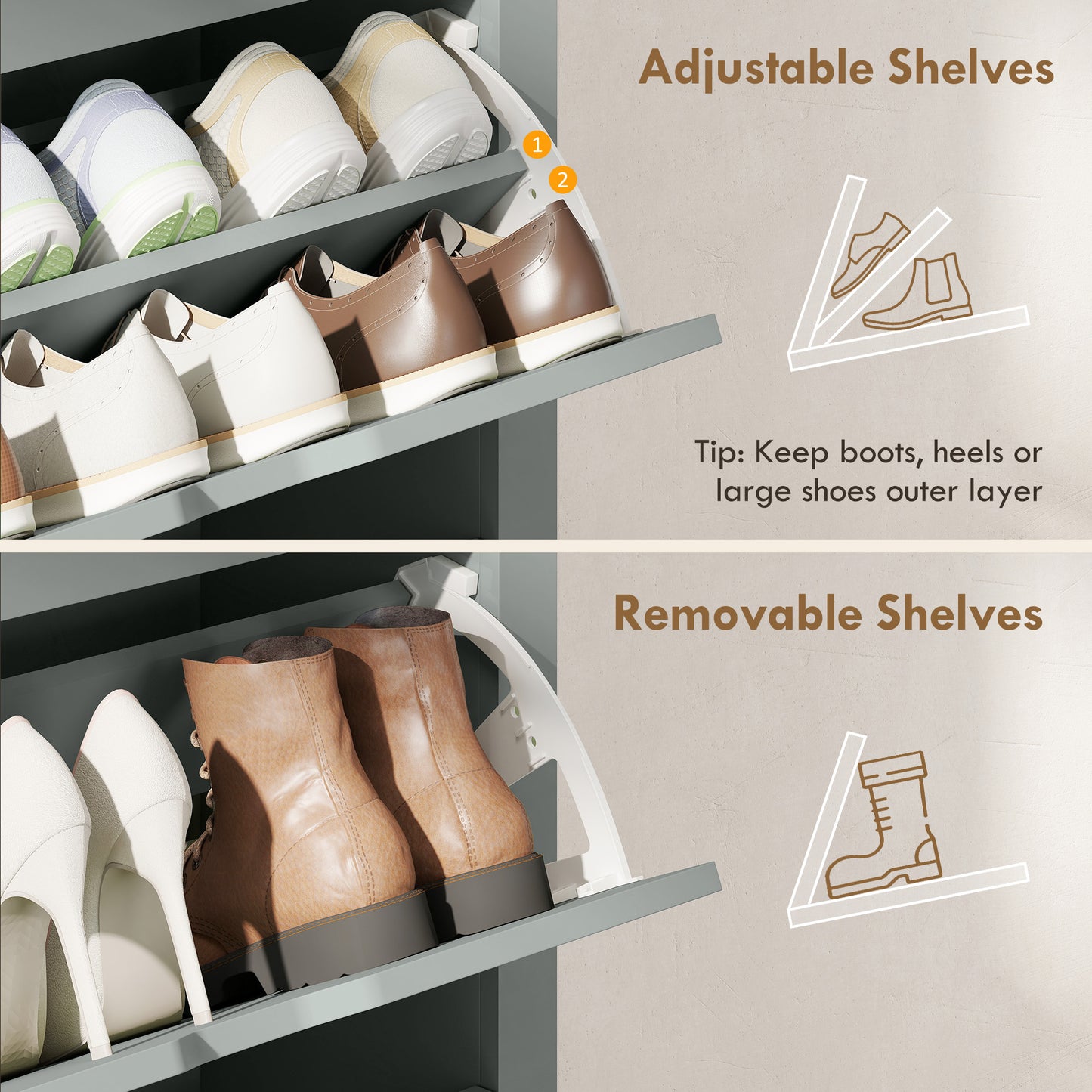 HOMCOM Slim Shoe Cabinet Narrow Cupboard With 3 Flip Drawers And Adjustable Shelves For 18 Pairs Of Shoes Light Grey