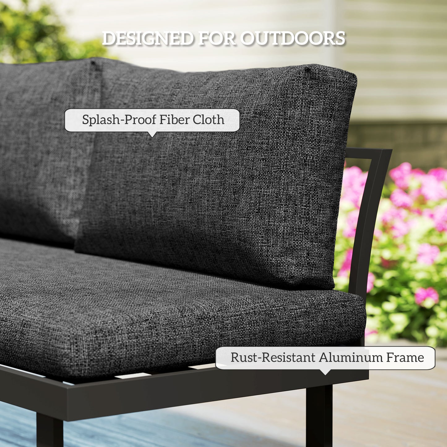 Outsunny 4 Seater L Shaped Aluminium Garden Furniture Set With 2 Loveseats And Wood Plastic Coffee Table Dark Grey