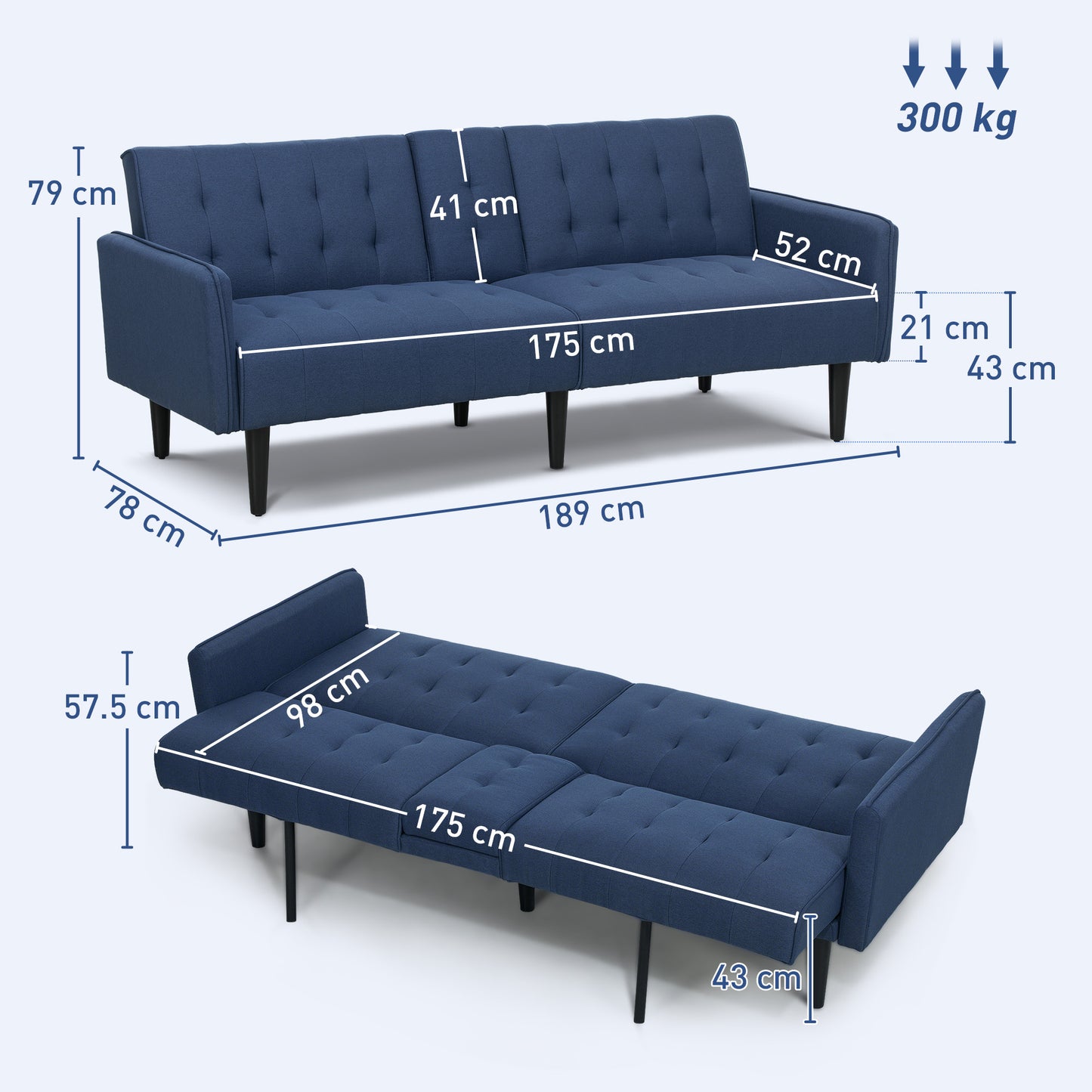 HOMCOM Three Seater Sofa Bed With Cupholders Dark Blue For Small Living Rooms And Guest Rooms
