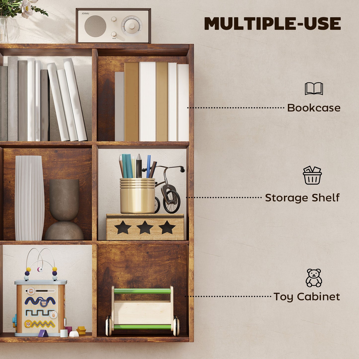 HOMCOM 3 Tier 9 Cube Storage Unit Rustic Brown Particle Board Bookcase Organizer For Home Office Shelves