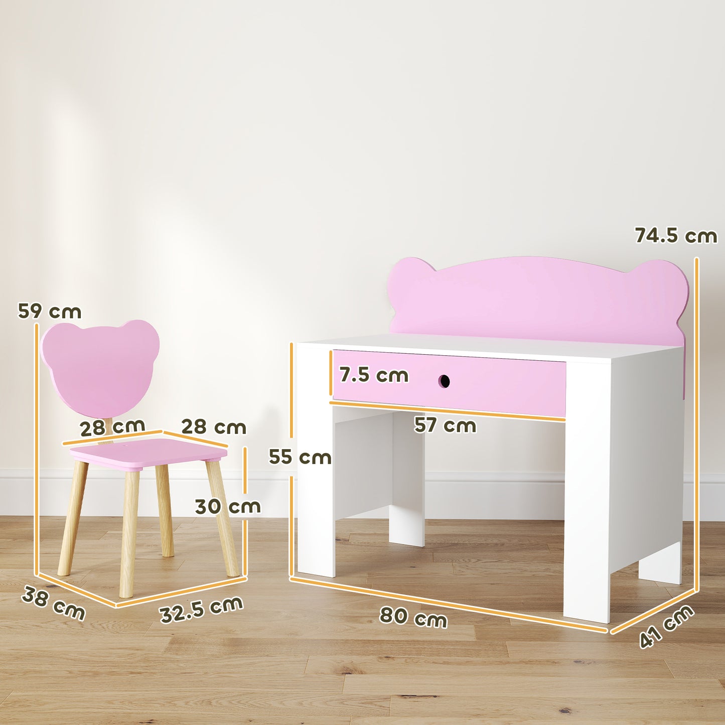 Aiyaplay Kids Desk And Chair Set With Drawer For Drawing And Reading Bear Theme Pink For Bedroom Daycare