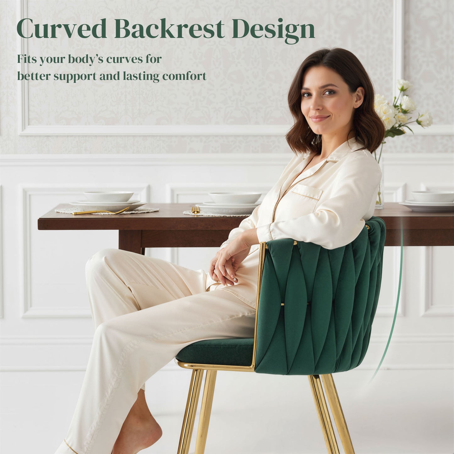 HOMCOM Velvet Feel Dining Chairs Set of 2 Modern Upholstered Armchairs with Knot Design and Golden Legs Dark Green