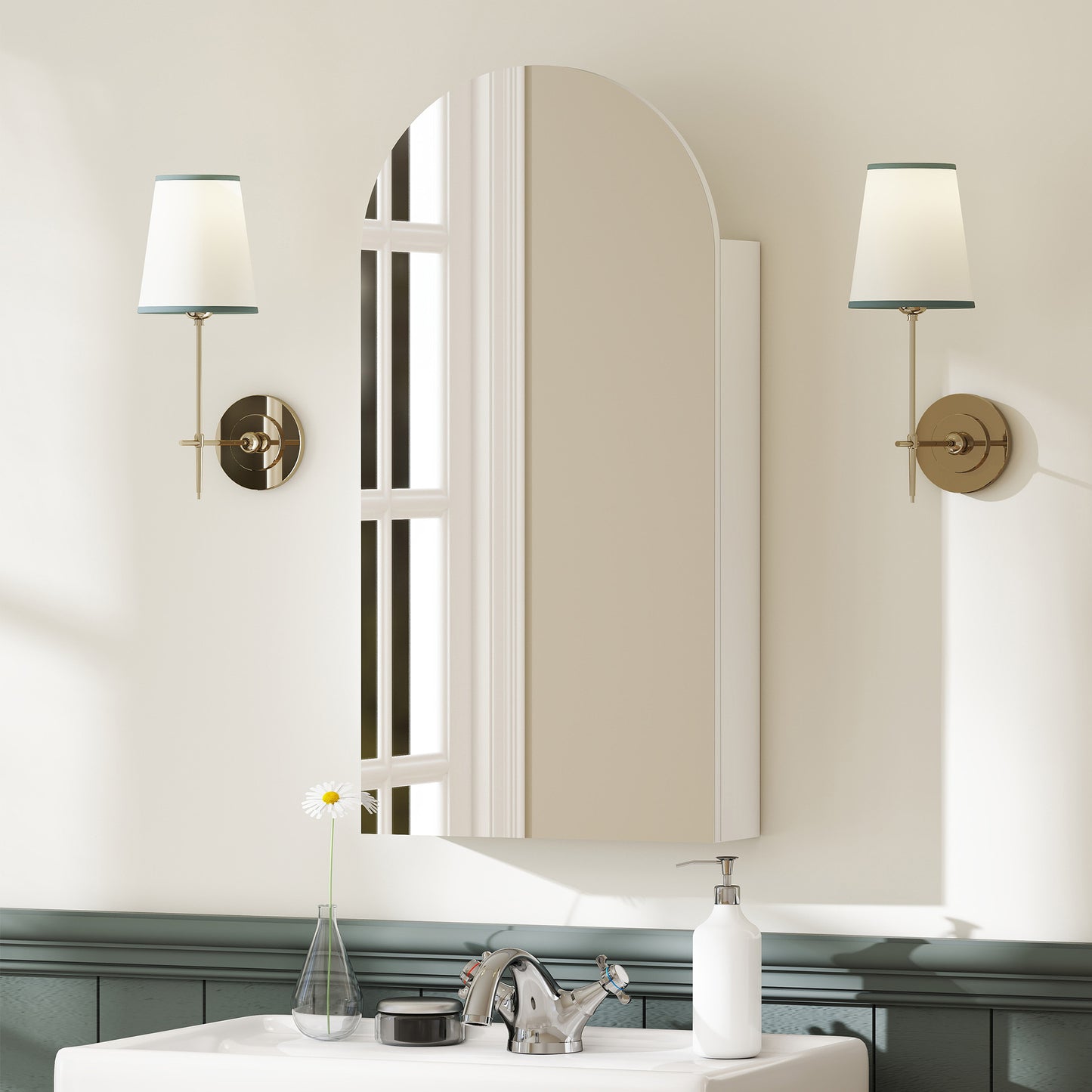 HOMCOM Arched Frameless Bathroom Mirror Cabinet With Adjustable Glass Shelves White