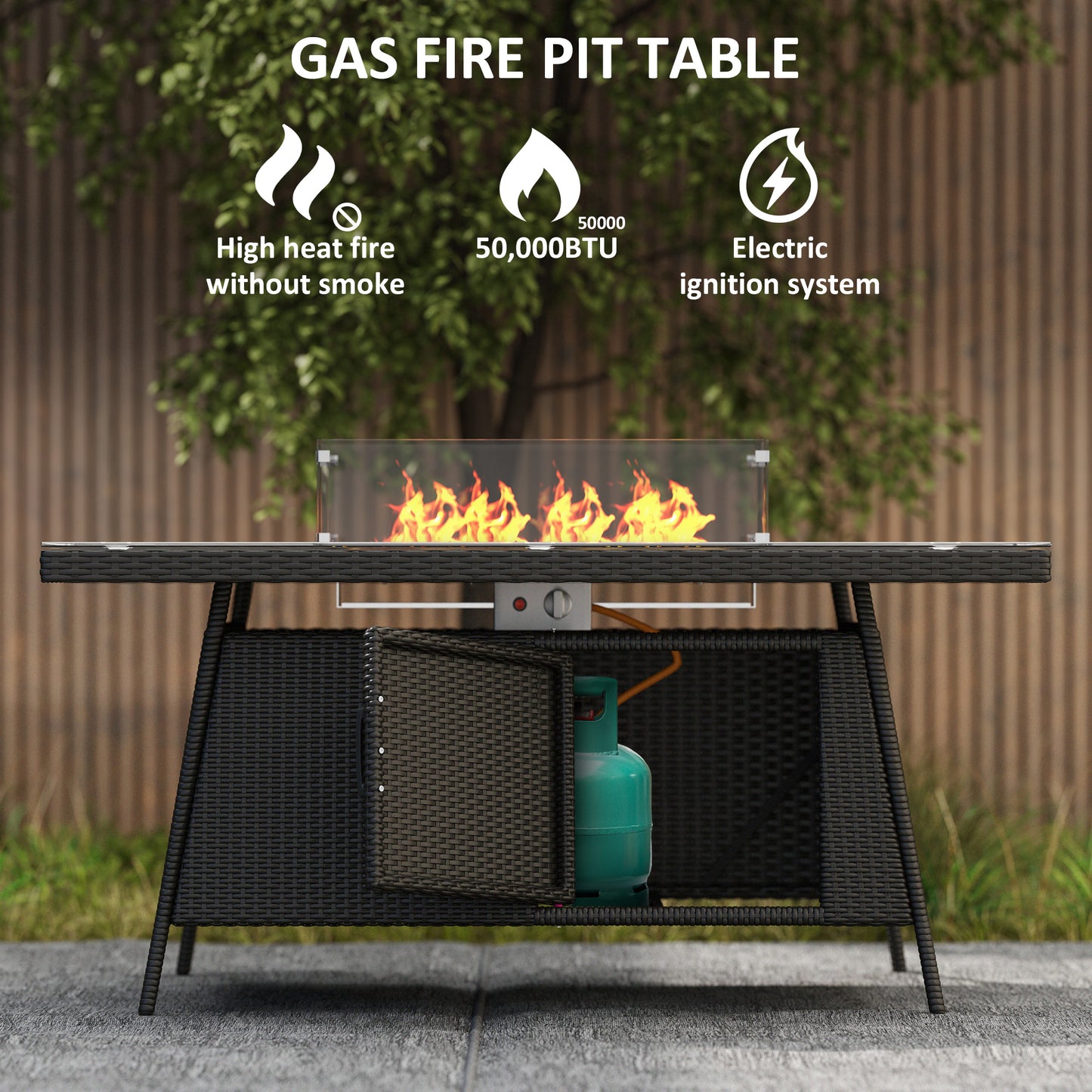 Outsunny 7 Piece Outdoor Rattan Garden Furniture Set With Fire Pit Table 6 Chairs 50000 BTU Propane Heater Black