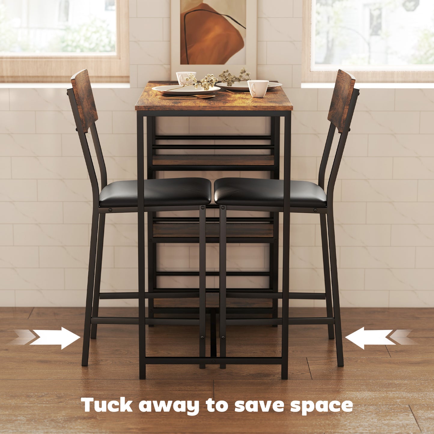 HOMCOM Three Piece Compact Bar Table Set With Two Bar Stools Brown and Black Finish Space Saving Kitchen Bar Furniture