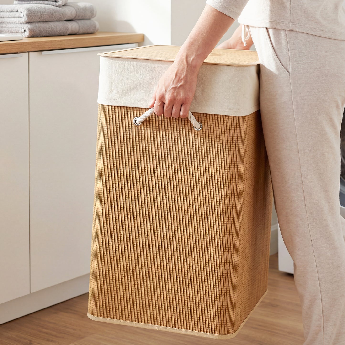 HOMCOM Double Laundry Basket With Lid 100L Bamboo Hamper With Rope Handles Removable Liner For Bathroom Bedroom Brown