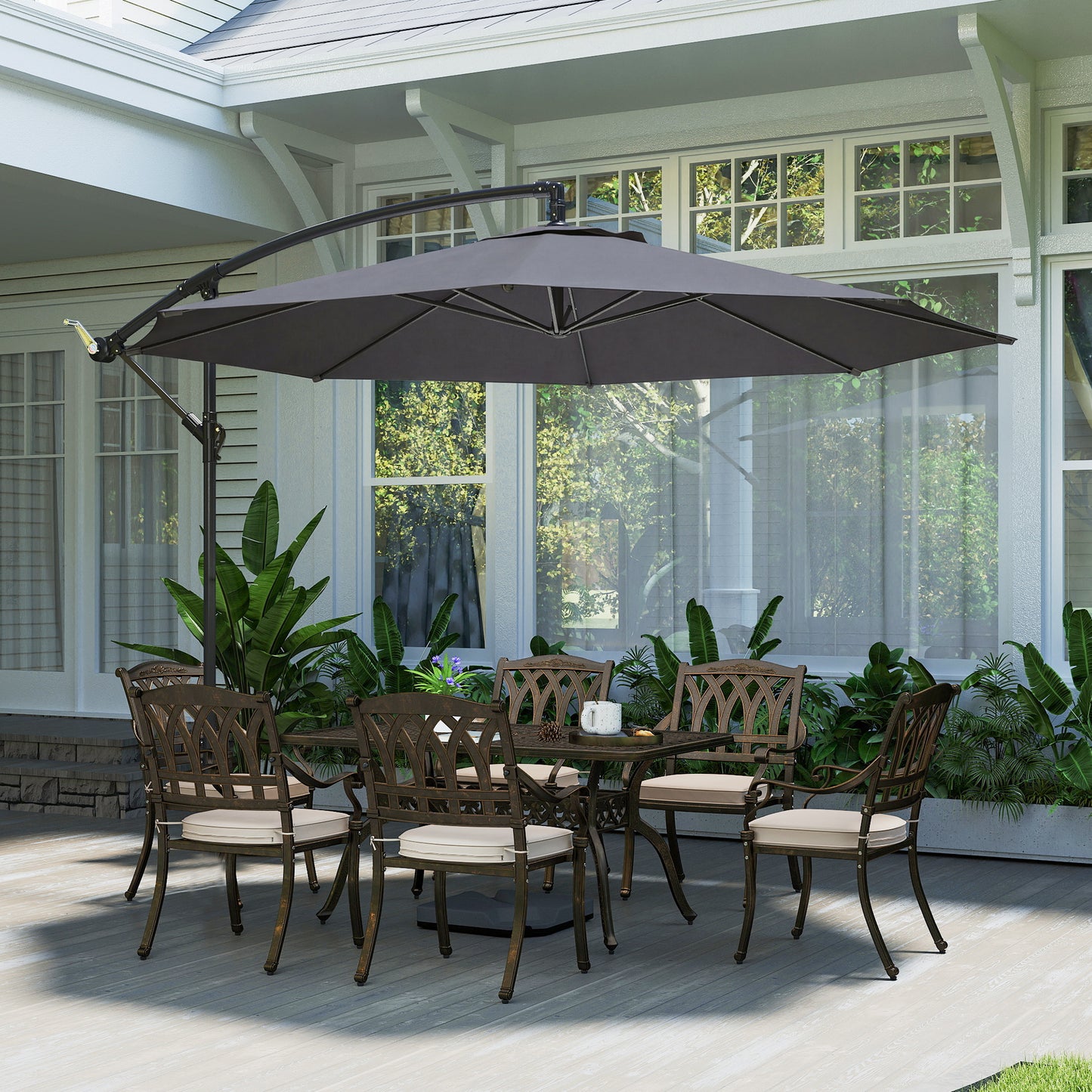 Outsunny 3 Meter Overhanging Cantilever Parasol With Cross Base Grey UV Resistant Polyester Fabric