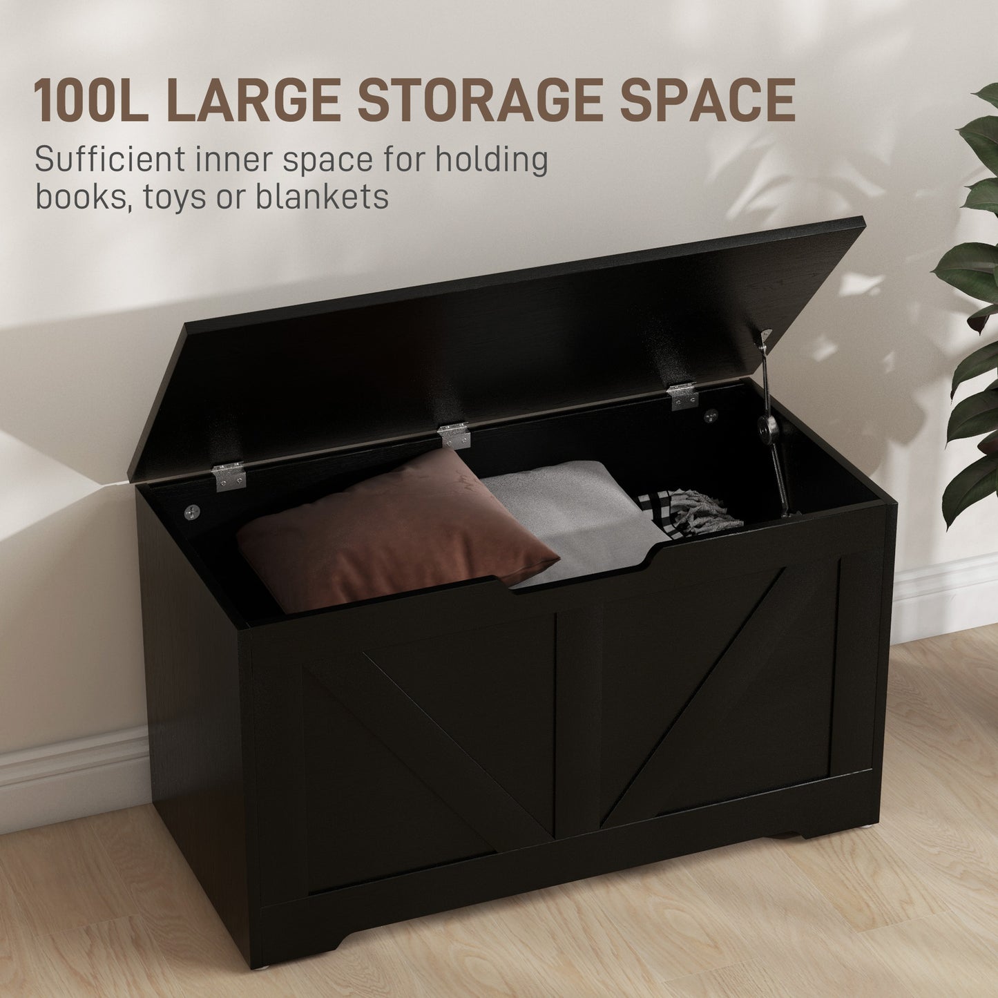 HOMCOM 100L Storage Ottoman Bench With Safety Hinges Black Wood Effect For Living Room Storage And Seating