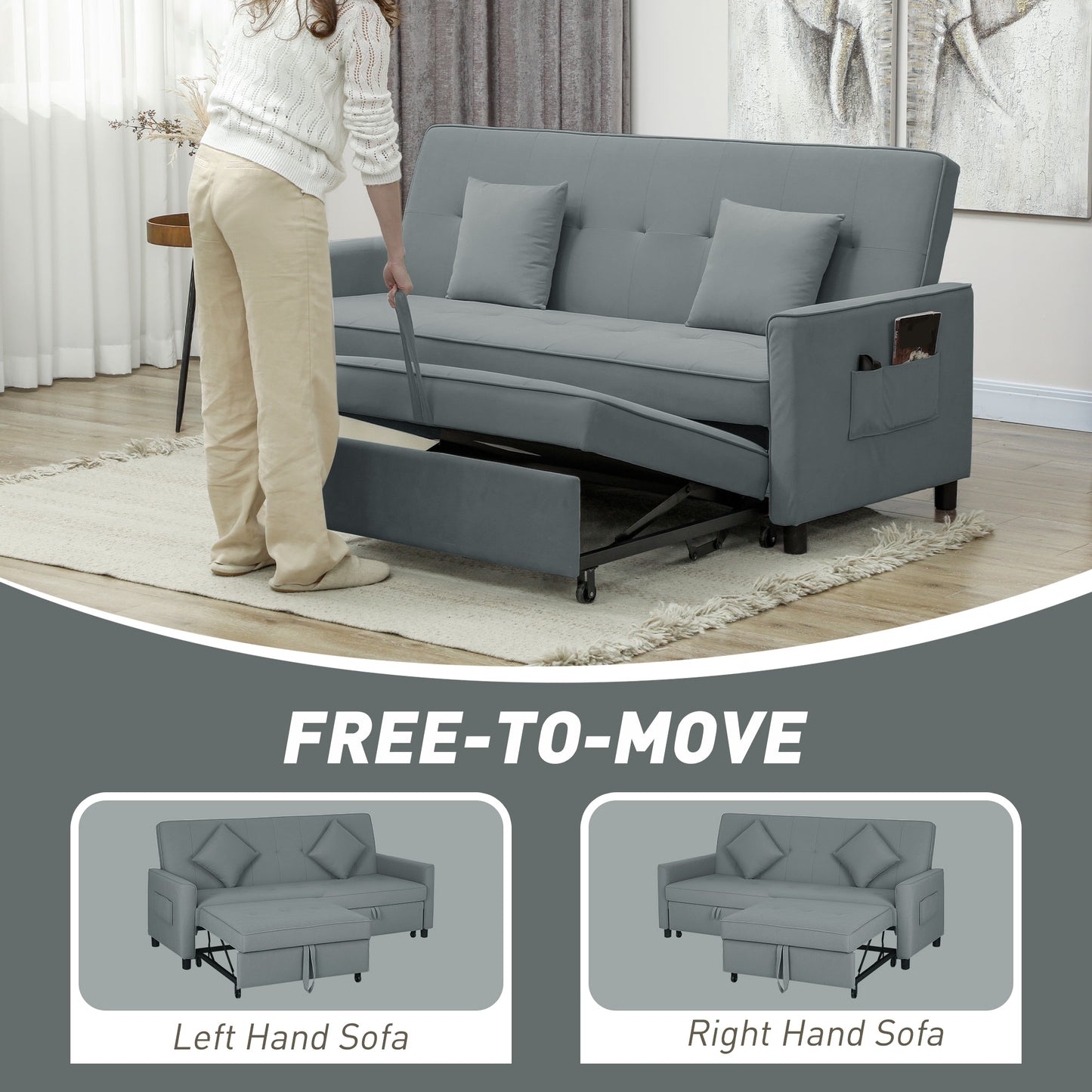 HOMCOM Luxurious Three Seater Velvet Feel Sofa Bed Grey With Click Clack Mechanism Wheels And Pull Handles