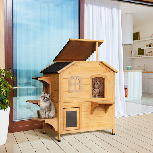 PawHut 2 Floor Wooden Cat House Condo - Outdoor Pet Shelter - ALL4U RETAILER LTD