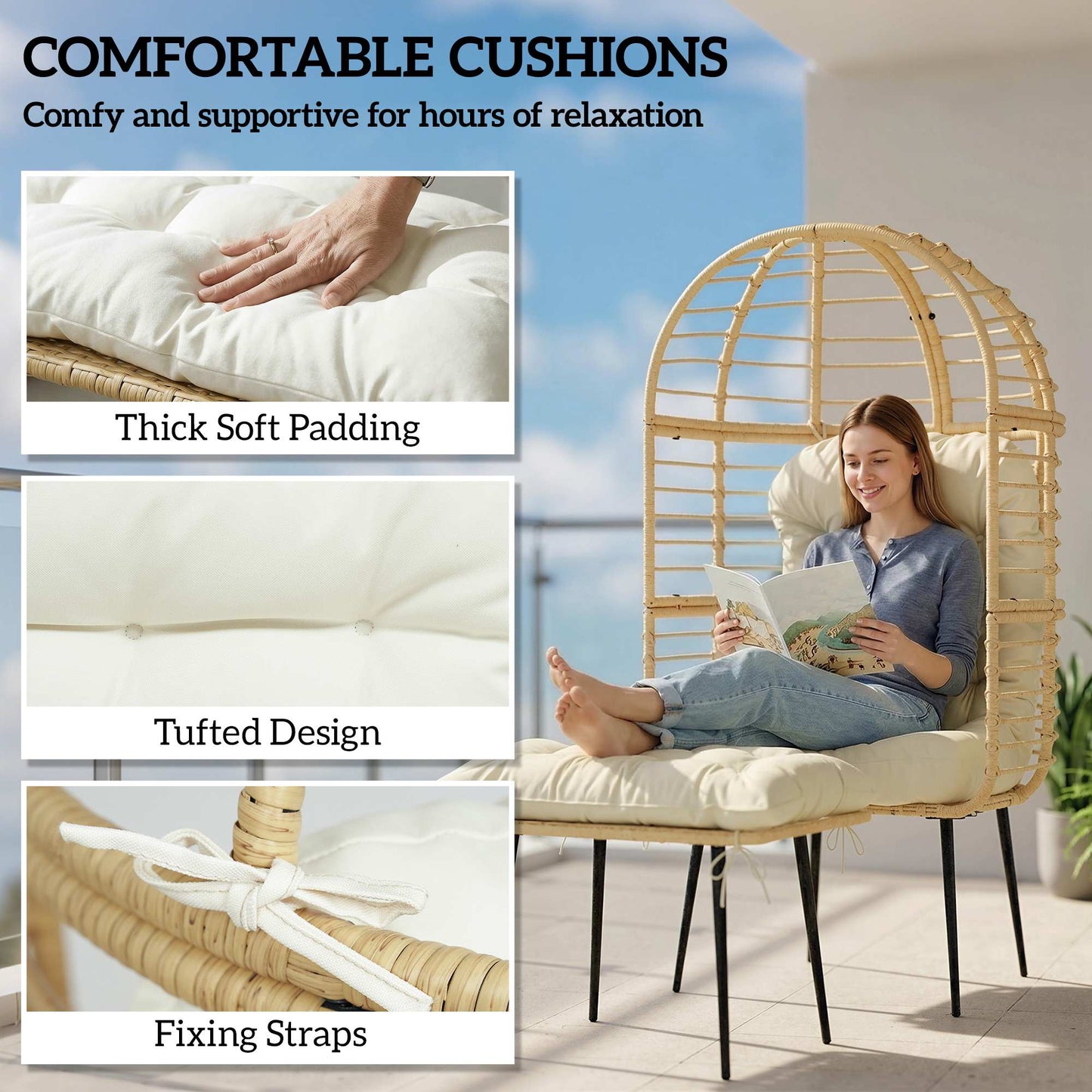 Outsunny Garden Egg Chair With Footstool Rattan Indoor Outdoor Lounge Chair And Ottoman Set Beige Cushions