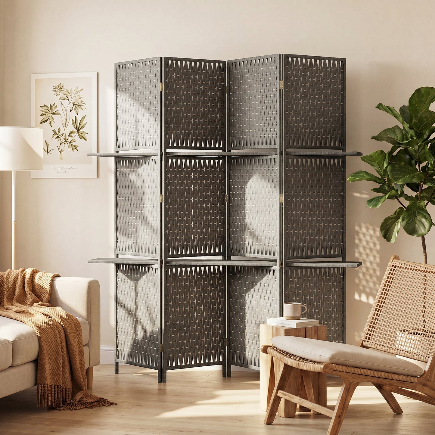 HOMCOM Wave Fibre Freestanding Folding Privacy Screen Panels Room Divider Grey With Shelves For Storage