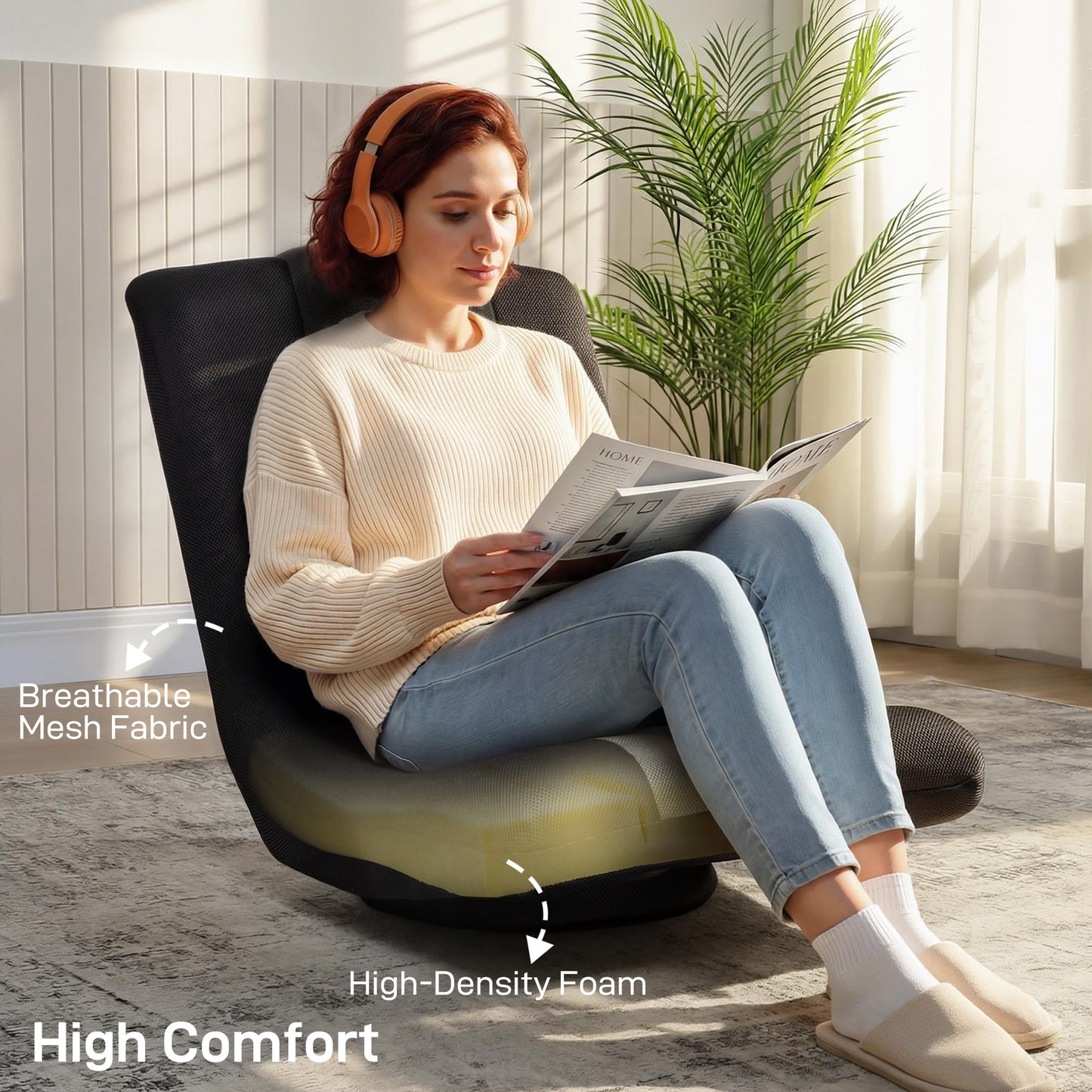 HOMCOM Floor Chair Folding Floor Sofa With Adjustable Backrest Wide Seat And Swivel Base Black
