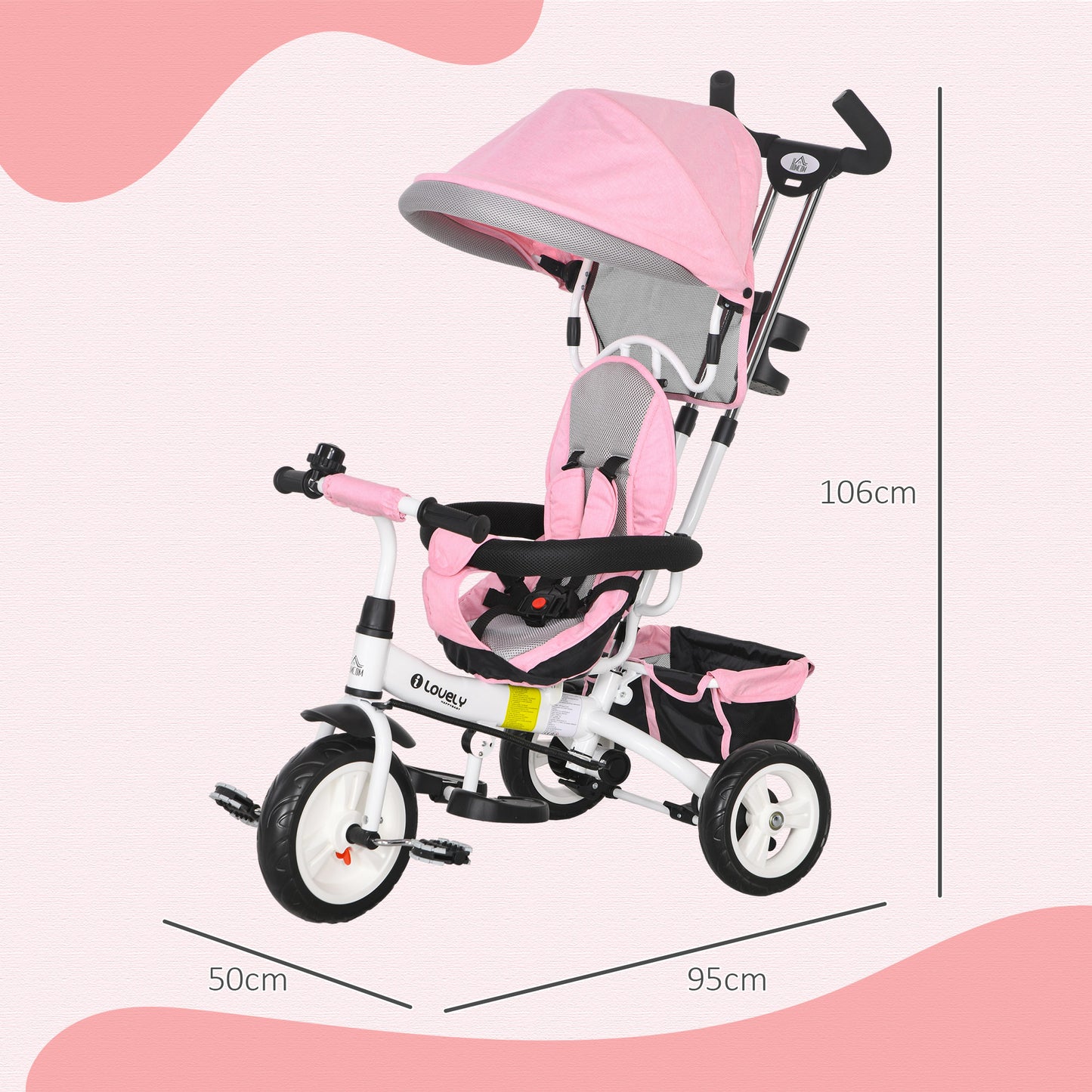 HOMCOM Pink 4-in-1 Convertible Trike with Push Handle, Canopy, Safety Belt, and Storage for Toddlers Ages 1-5 - ALL4U RETAILER LTD