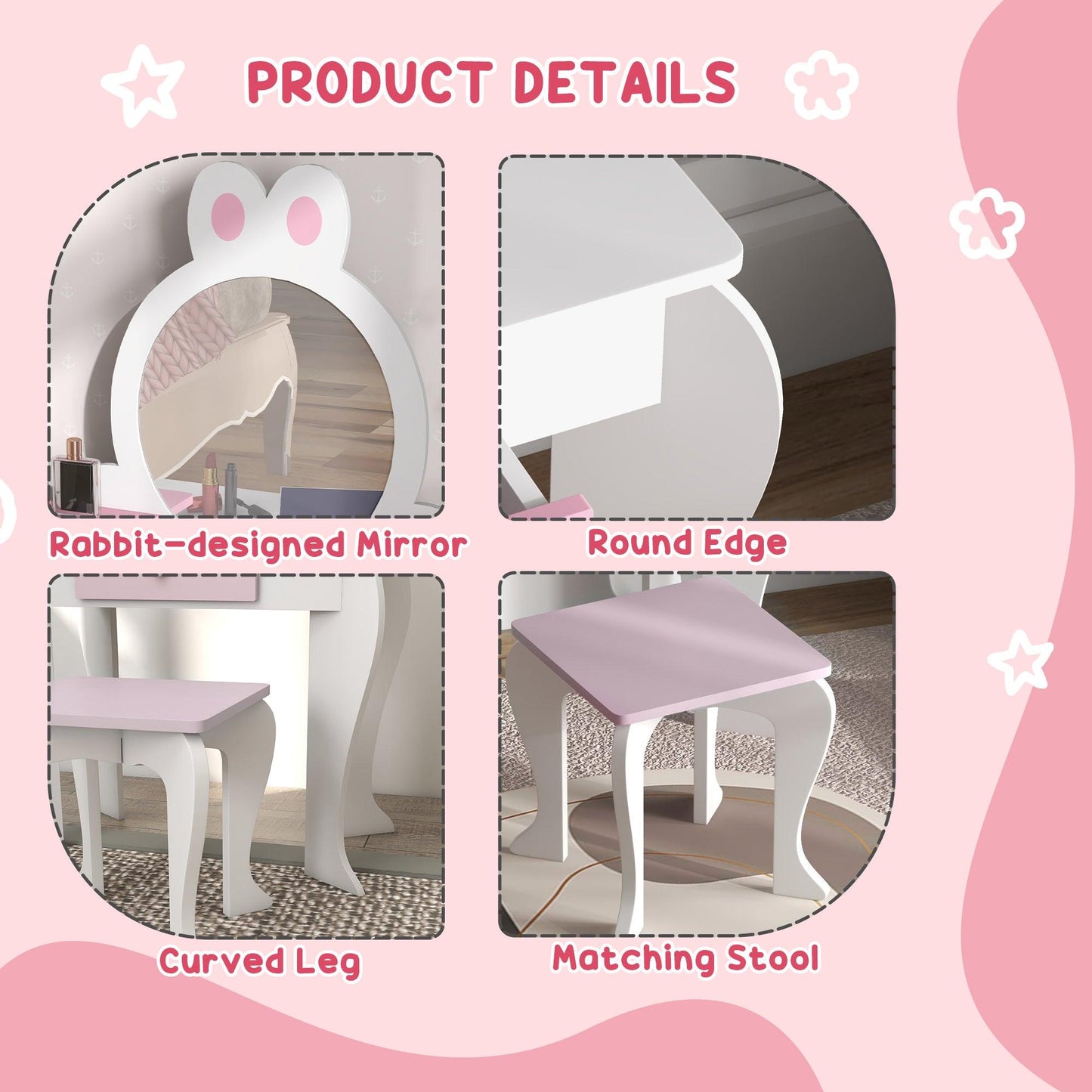 ZONEKIZ Bunny-Design Kids Dressing Table, with Mirror and Stool - White and Pink - ALL4U RETAILER LTD