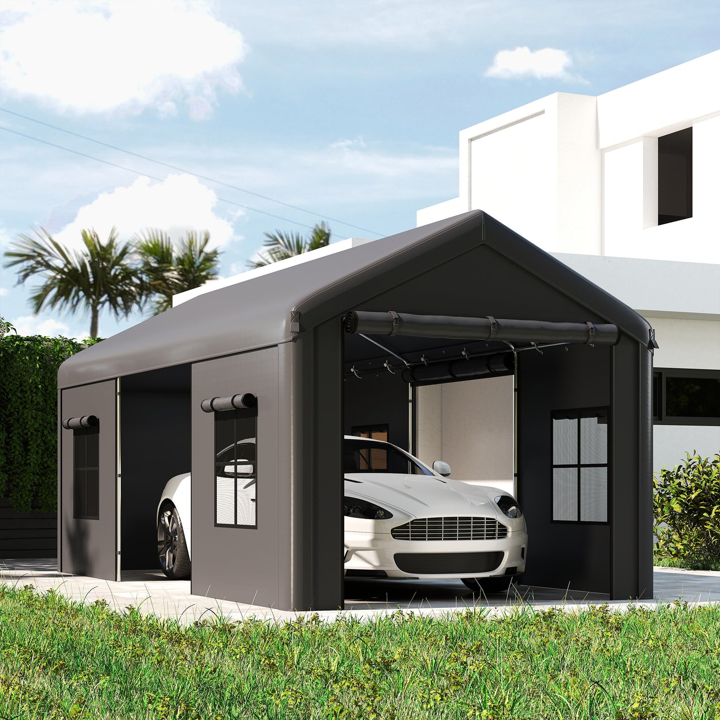 Outsunny 3 x 6 m Heavy Duty Carport Portable Garage Car Canopy Tent with Galvanised Frame Doors Windows Dark Grey