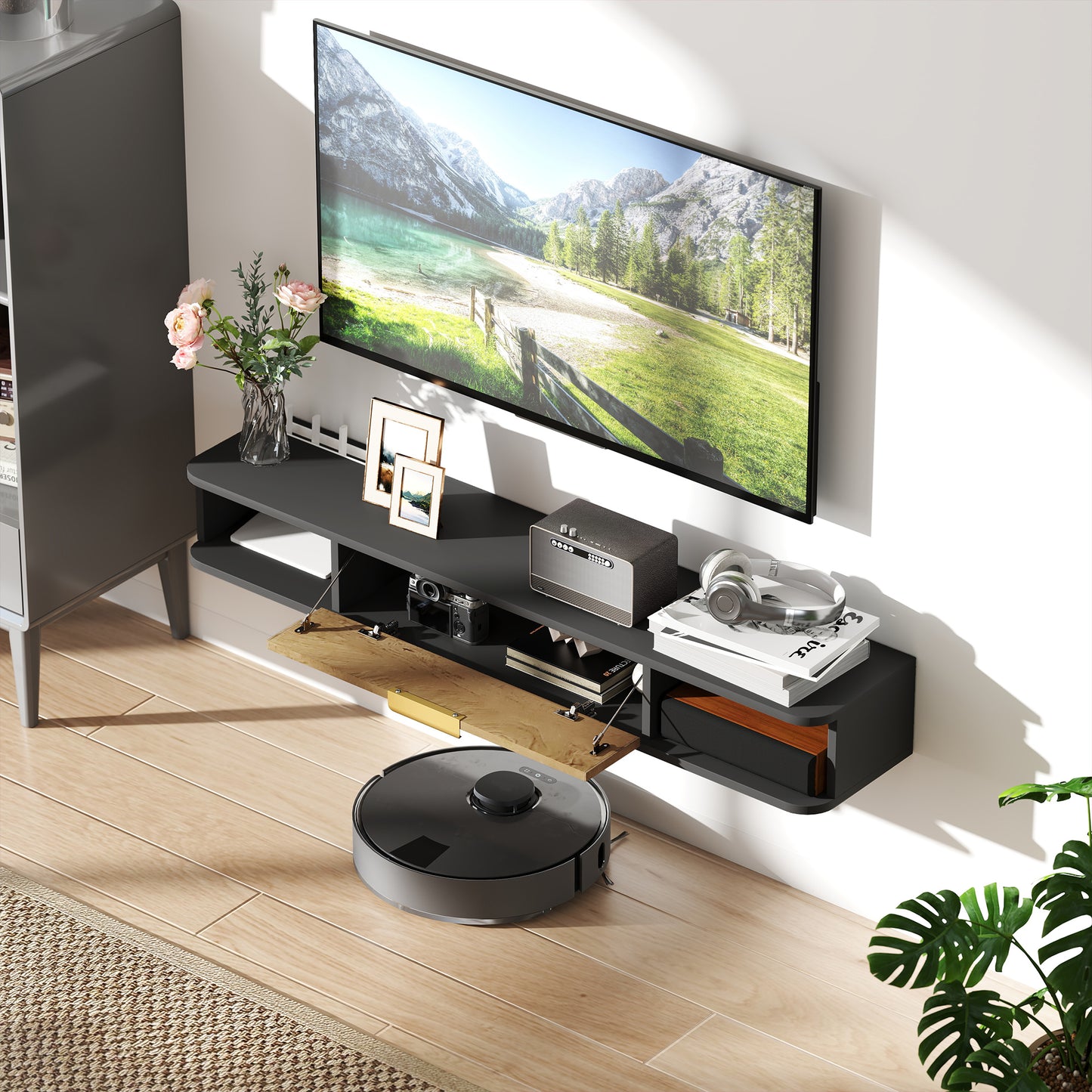 HOMCOM 120 Cm Floating TV Stand With Storage Charcoal Grey Wall Mounted Cable Management Console For Modern Living Rooms