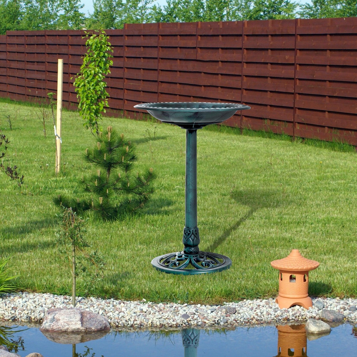 Outsunny Garden Bird Bath Outdoor Decrative Garden Feeder Stand with Scallop-like Pattern, Time-Worn Finish, 50cm, Green - ALL4U RETAILER LTD