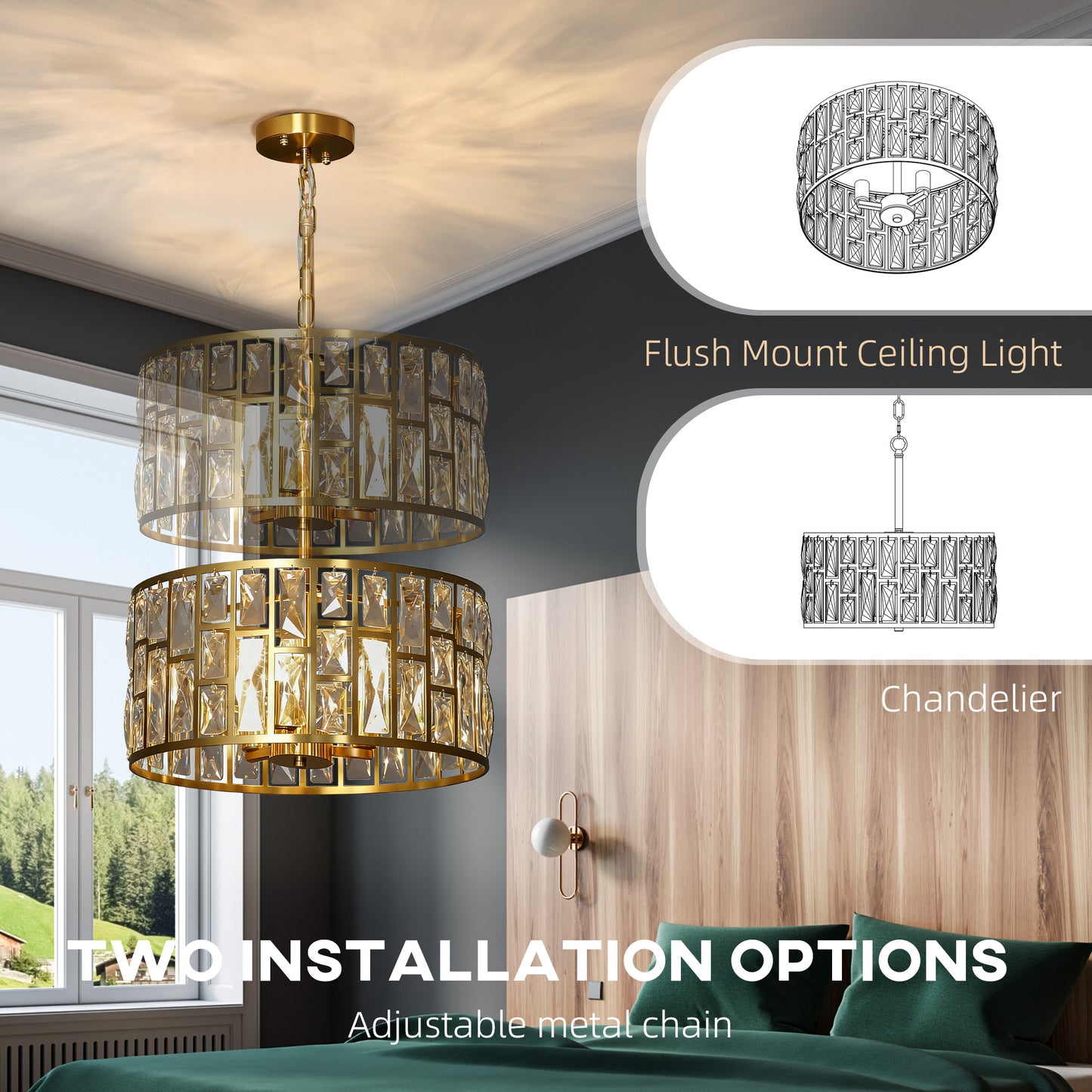 HOMCOM 72 Glass Crystallite Chandelier Gold Tone Ceiling Light With Flush Mount Or Hanging Installation Three Bulbs