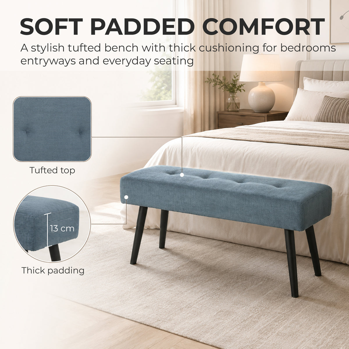 HOMCOM Blue Corduroy Tufted End Of Bed Bench With Padded Seat And Steel Legs
