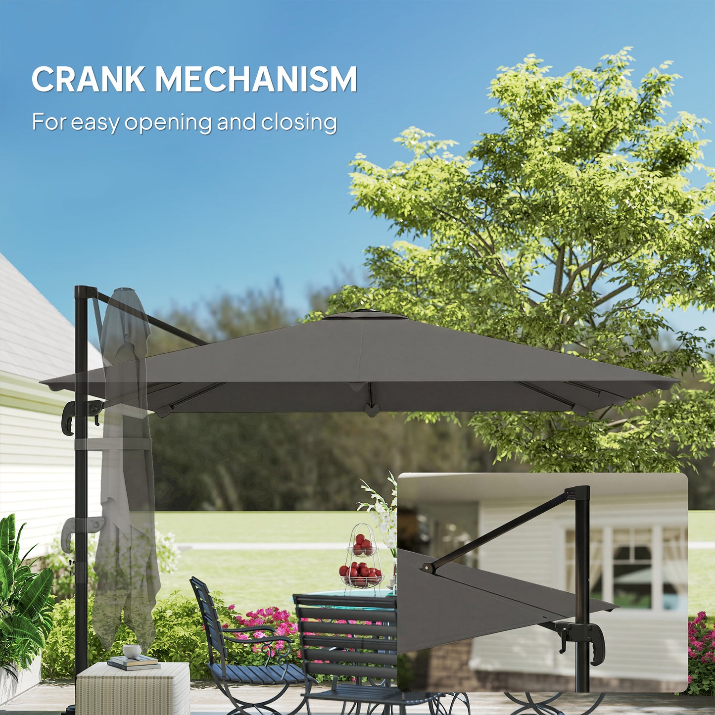 Outsunny 3m Cantilever Parasol Square Patio Umbrella With Crank, Cross Base, Tilt And 360 Degree Rotation, Dark Grey