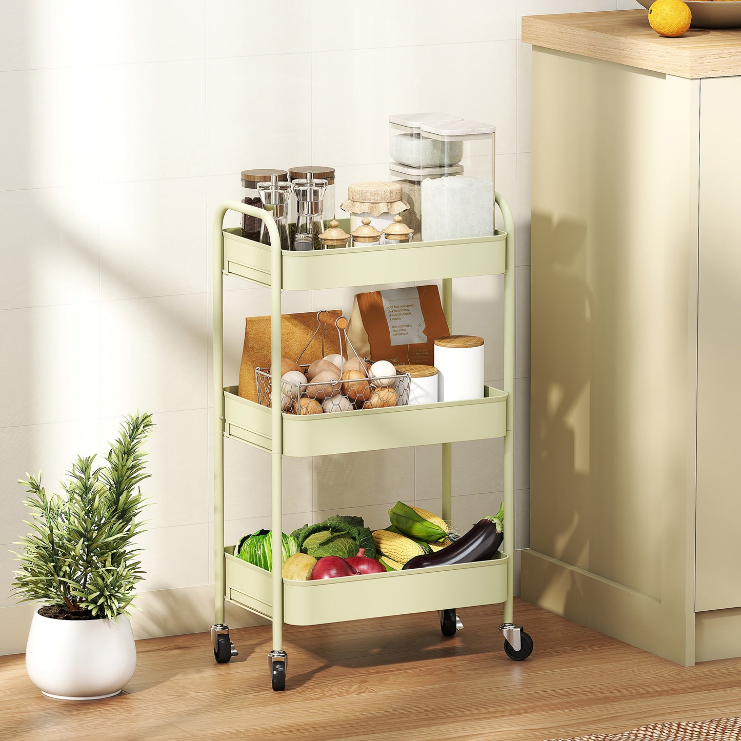 HOMCOM Three Tier Steel Storage Trolley Green Rolling Cart with Small Medium Large Baskets for Home Organization