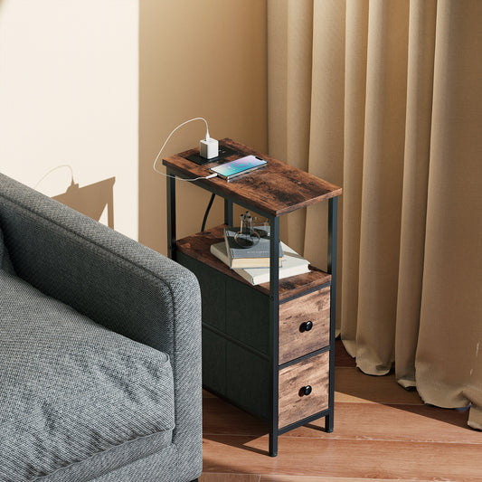 HOMCOM Narrow Bedside Table With Charging Station, 2 Drawers, AC Outlet, 2 USB Ports