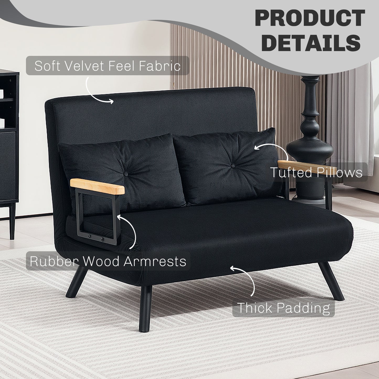 HOMCOM 4-In-1 Velvet-Feel Double Sofa Bed With Pillows Black Steel Frame Five-Position Backrest Cushioned For Comfort