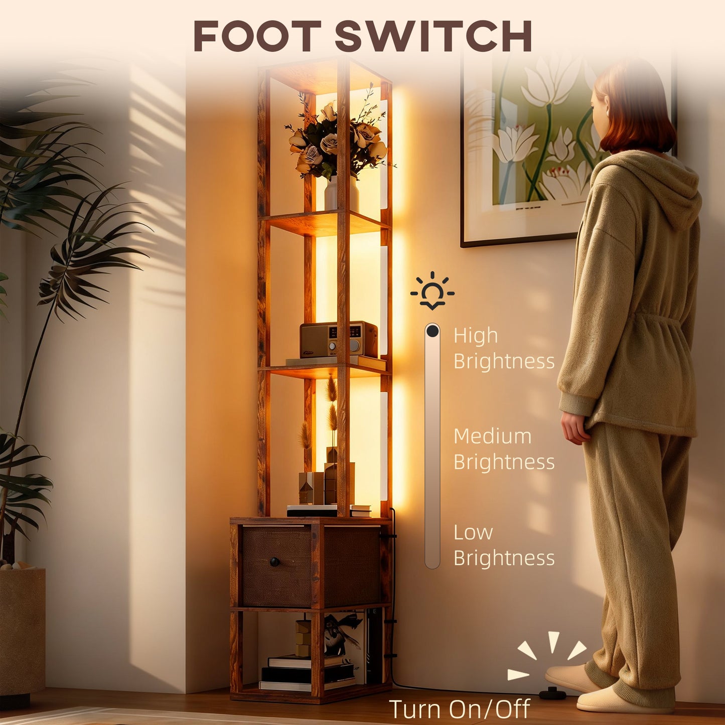 HOMCOM Floor Lamp With Shelves LED Column Standing Fabric Drawer Adjustable Brightness Foot Switch Rustic Brown