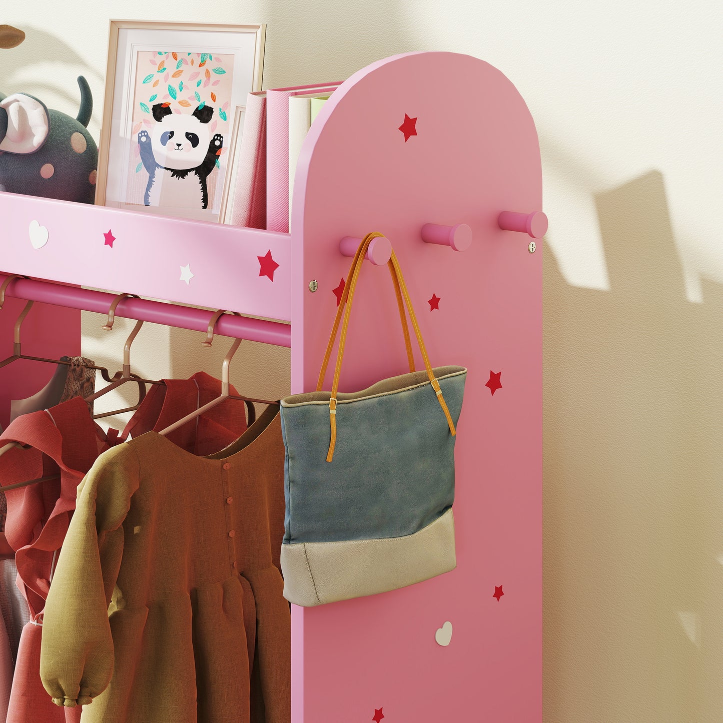 AIYAPLAY Kids Clothes Rail Wardrobe With Mirror Shelves Top Shelf Two Storage Boxes Hooks For Bedroom Nursery Pink