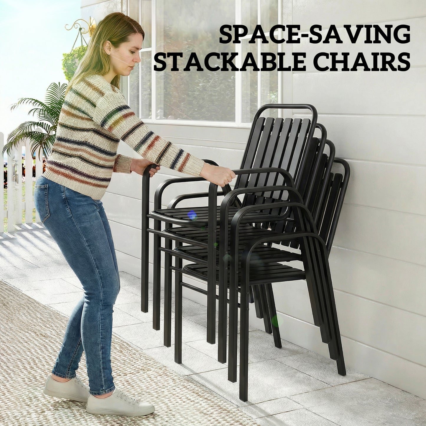 Outsunny 7 Piece Outdoor Dining Set With Umbrella Hole For 6 People Metal Table And Stackable Chairs