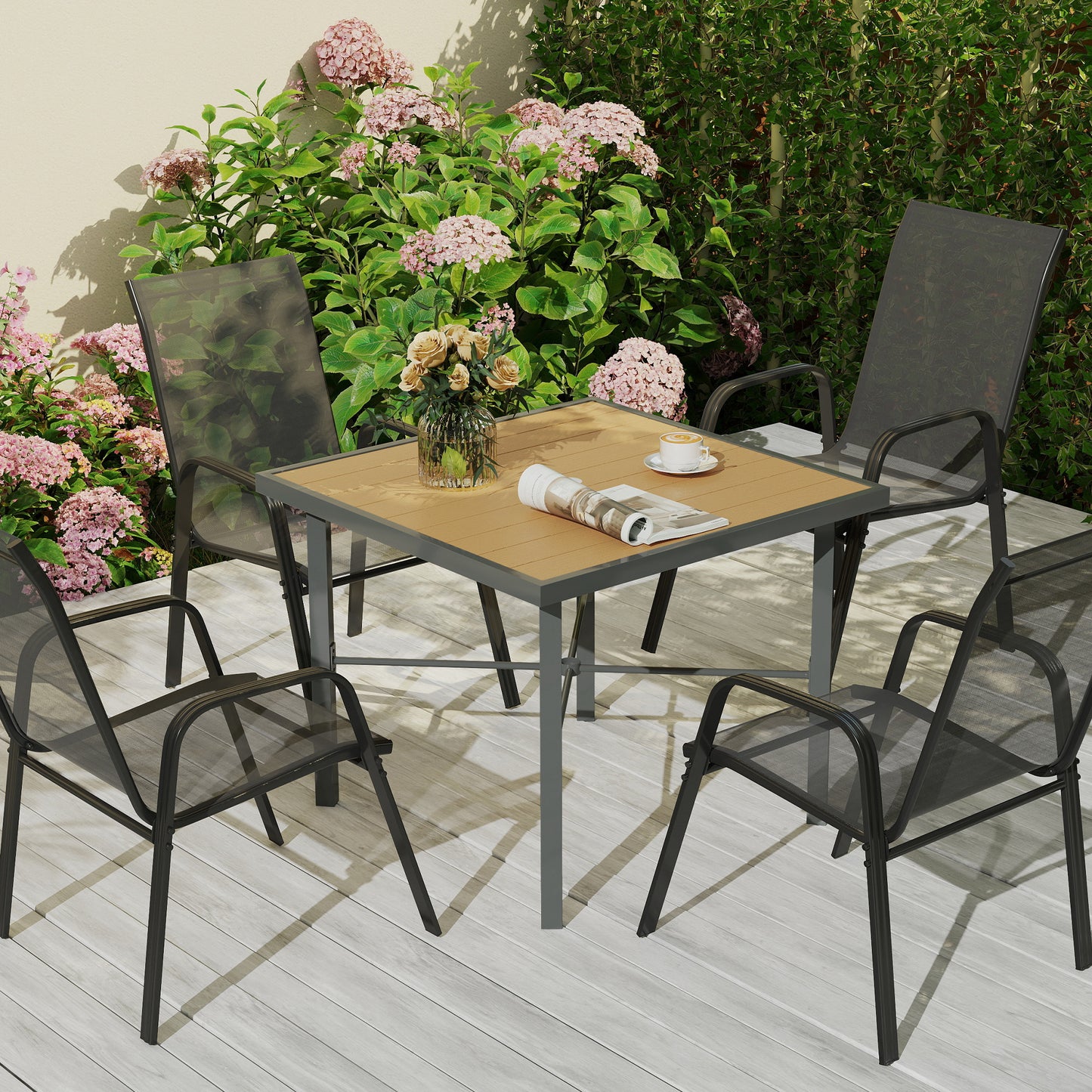 Outsunny 90 cm Outdoor Dining Table For 4 With Umbrella Hole Wood Effect Top Rust Resistant Steel Frame Patio