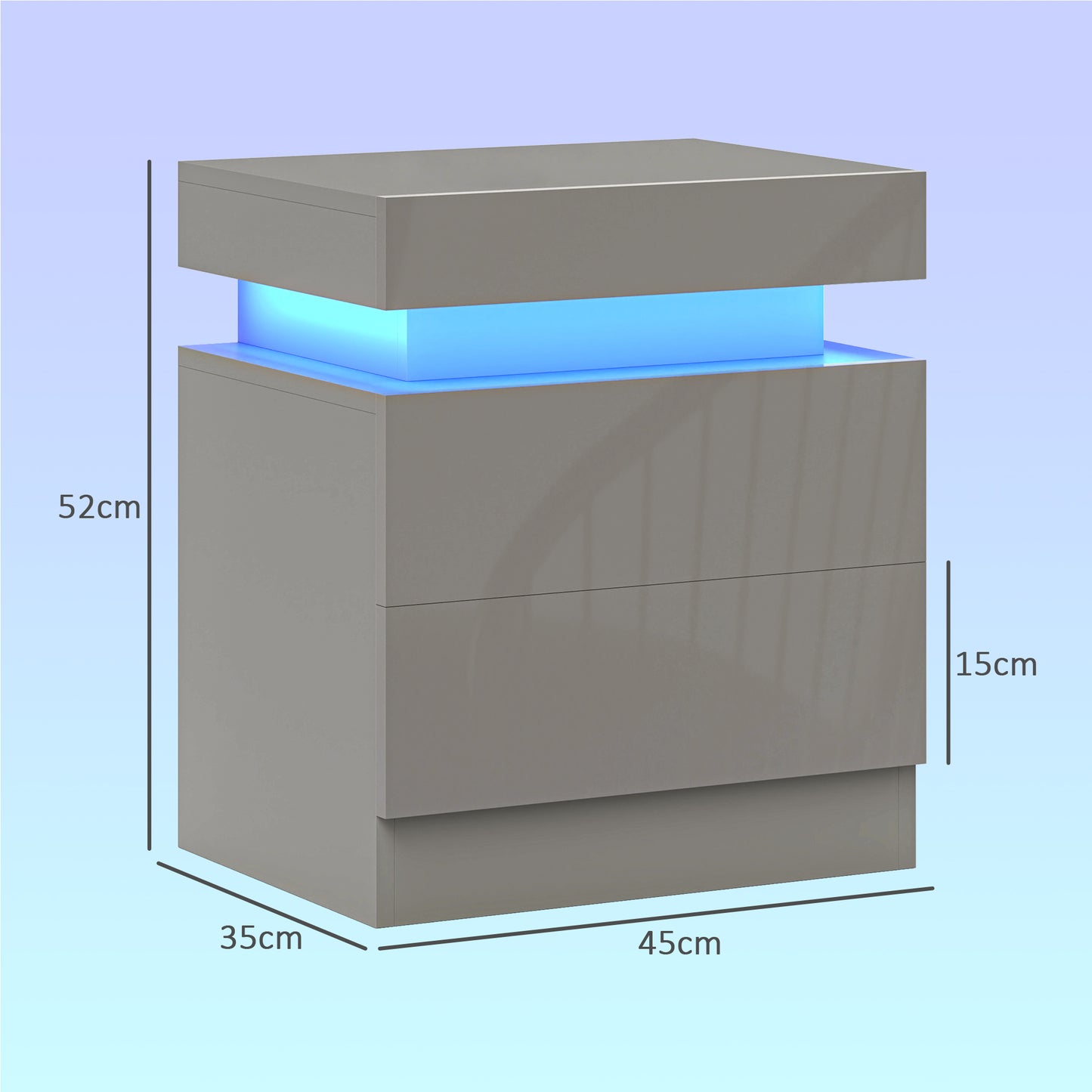 HOMCOM Grey Bedside Table With LED Light Panel And Bluetooth Music Sync High Gloss Front Nightstand With 2 Drawers