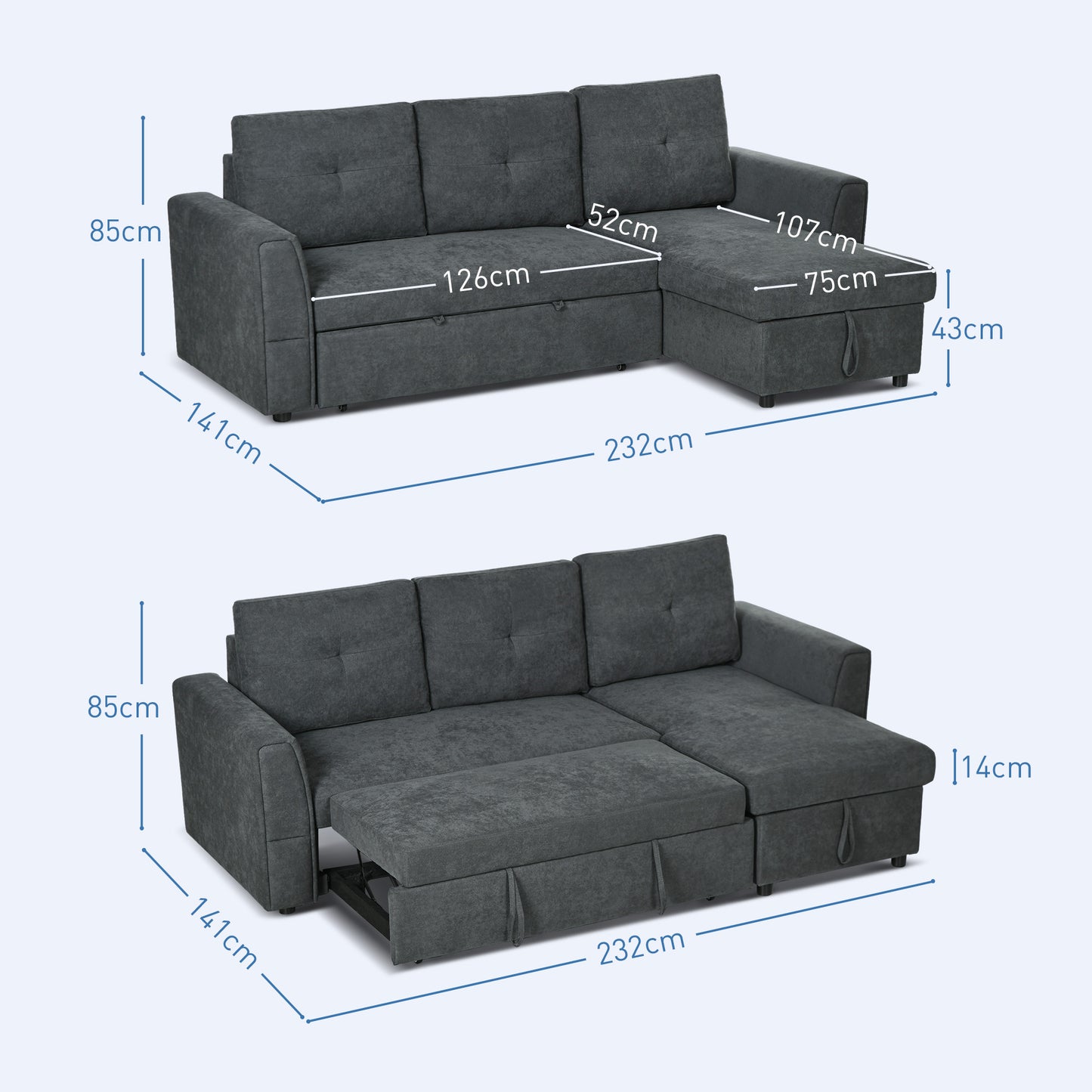 HOMCOM Dark Grey L-Shaped Convertible Sofa Bed with Storage and Recliner Function - ALL4U RETAILER LTD