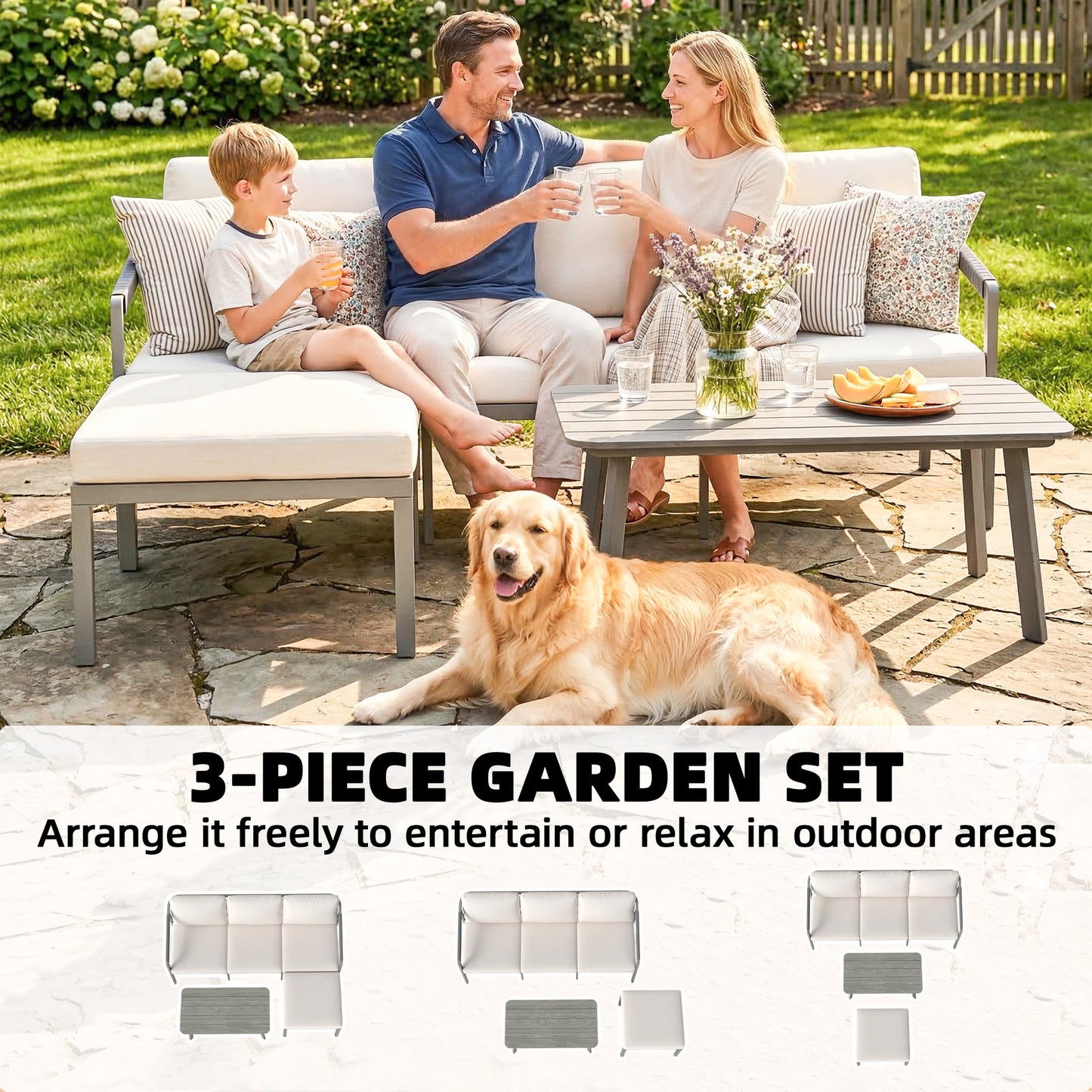 Outsunny 3 Piece Dining Set Outdoor Patio Furniture With 3 Seater Sofa Footstool Coffee Table Cushions