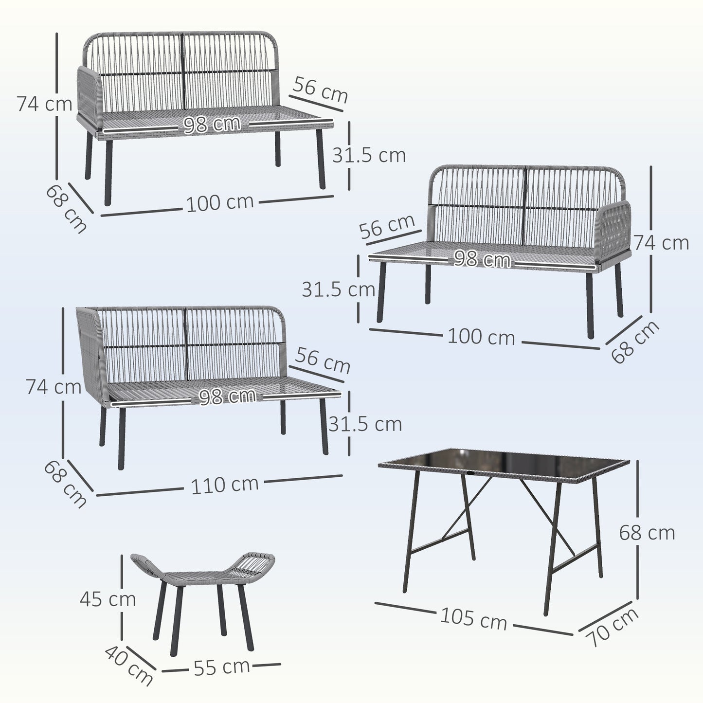 Outsunny 6 Piece Rattan Garden Furniture Set Charcoal Grey 8 Seater Corner Sofa With Cushions Glass Top Table And Stools