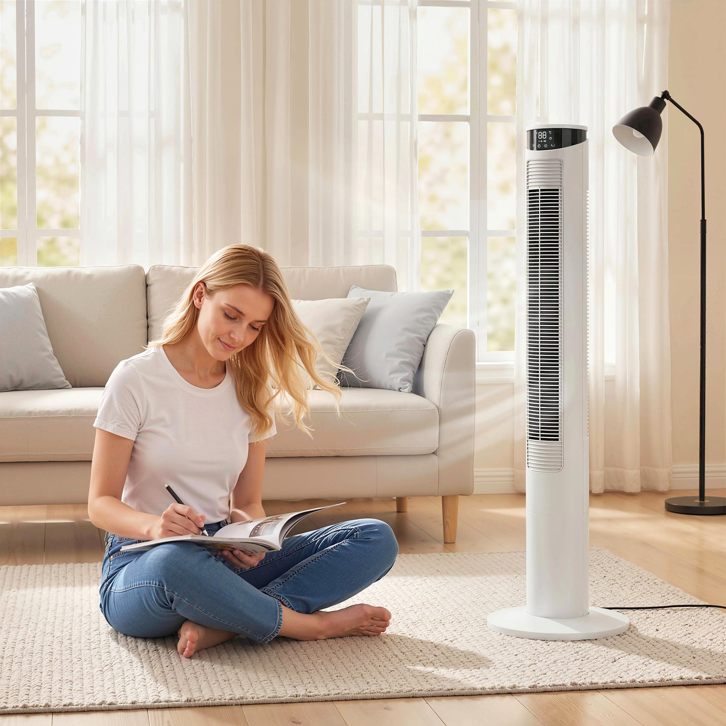 HOMCOM Smart WiFi Tower Fan With App Control Remote 116 cm Tall White Quiet Sleep Mode