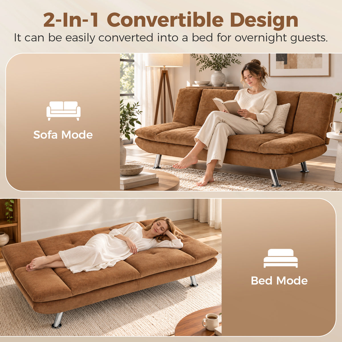 HOMCOM Convertible Sofa Bed, 3 Seater Futon Sofa with Adjustable Backrest, Wide Seat for Living Room, Small Space, Brown